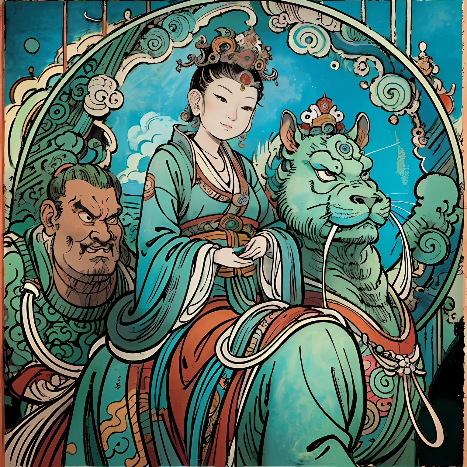 The painting was inspired by Tanahara Tani Soda、Guanyin、guanyin of the southern seas、bodhisattva、Painting of the Bodhisattva of Contentment,The subject is a woman riding on the back of a white elephant,In the background are the sky。