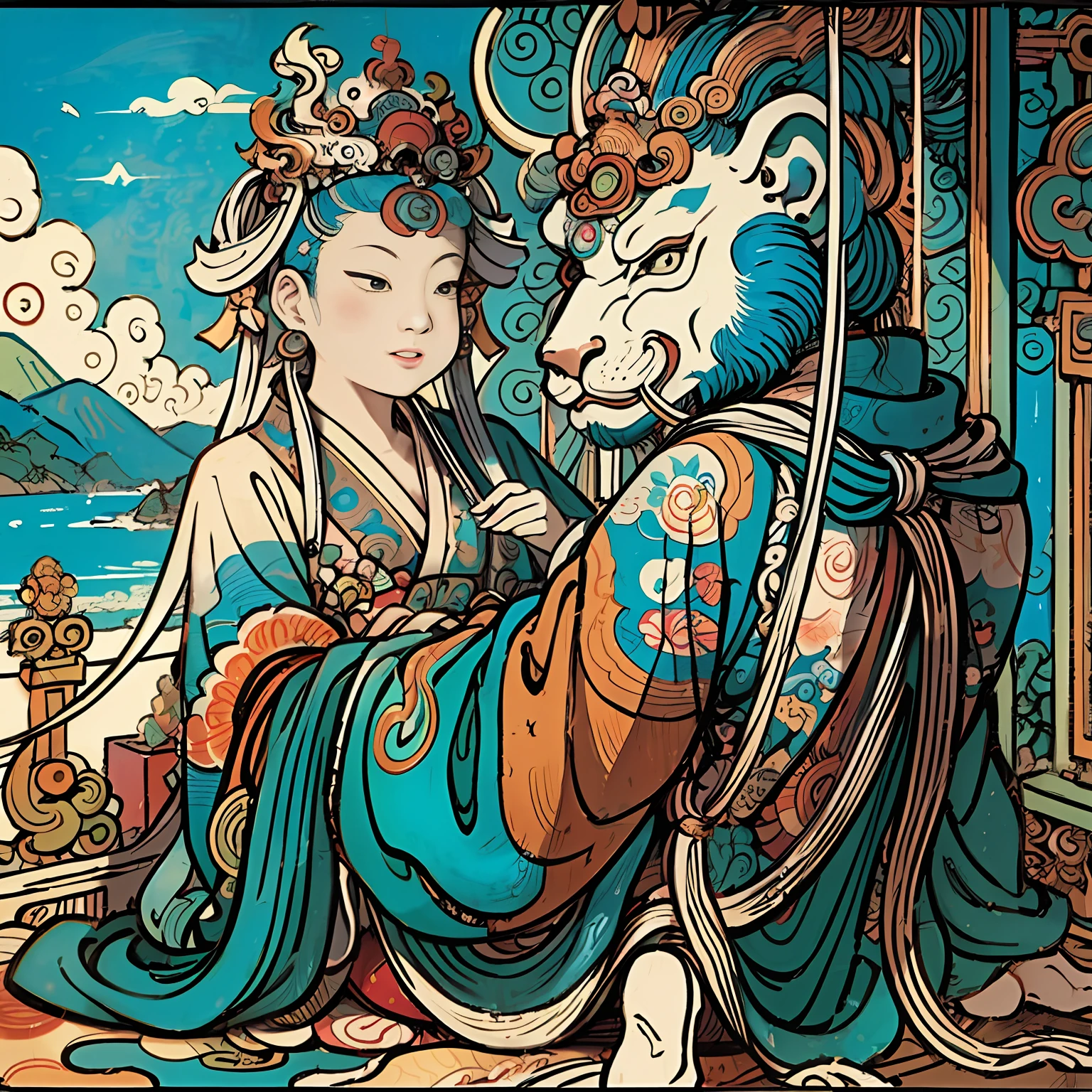 The painting was inspired by Tanahara Tani Soda、Guanyin、guanyin of the southern seas、bodhisattva、Painting of the Bodhisattva of Contentment,The subject is a woman riding on the back of a white elephant,In the background are the sky。