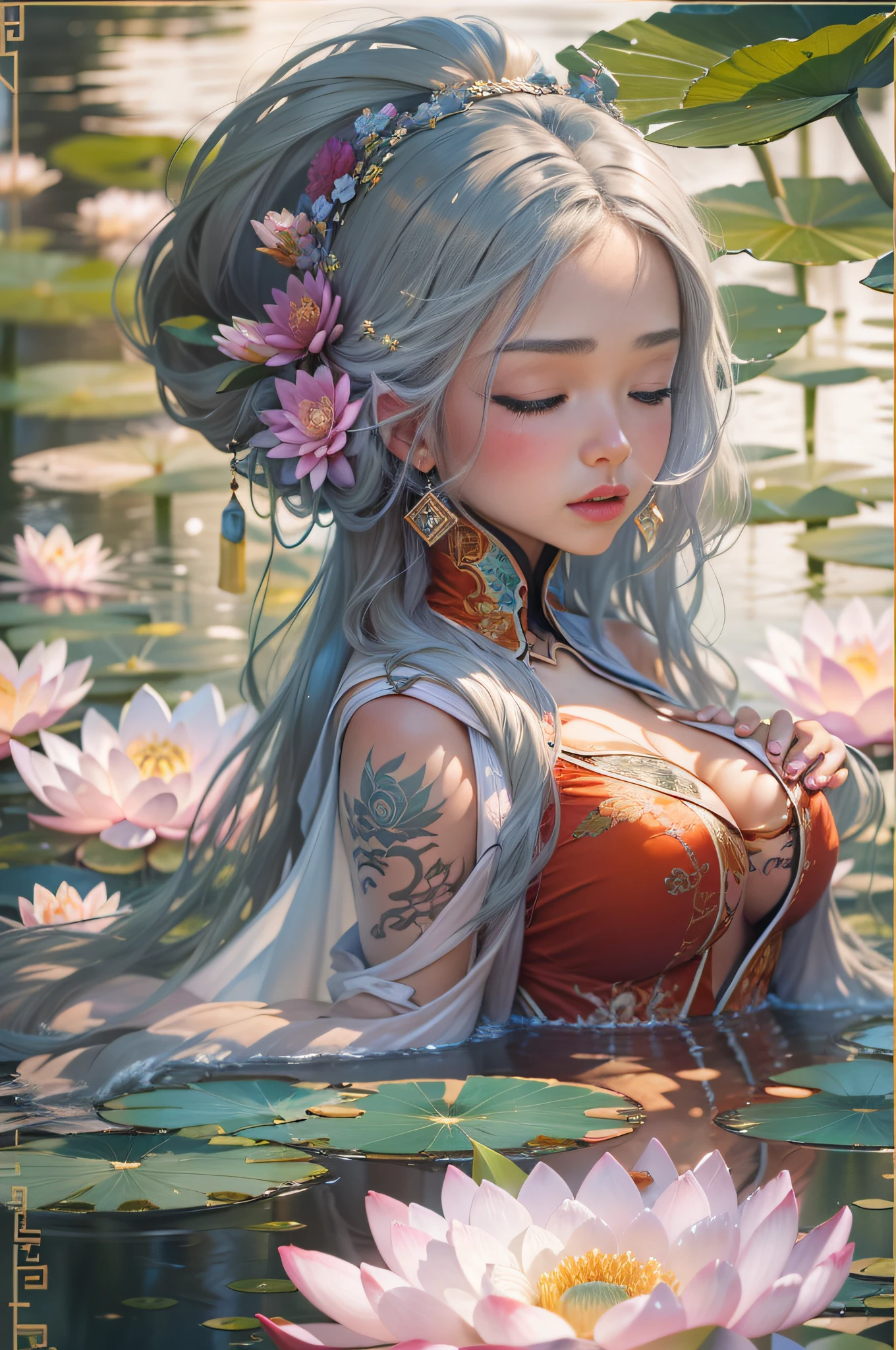 (1girll:1.4), Solo,((:0.75)),(((Small breasts:1))), ((water lilies:1,3)), (glowing ambiance, enchanting glow, luminouslighting, Ethereal atmosphere, A mesmerizing glow, evocative hues, captivating coloration, Dramatic lighting, Enchanting aura), (A girl sits on a bench in a flower field, Palace, A girl in Hanfu, instagram contest winner, in water up to her shoulders, standing gracefully upon a lotus, inspired by Hua Yan, closing her eyes, high priestess tarot card, full-cosplay, water lilies), Ink painting, ((Moon:1)), (Masterpiece, Top quality, Best quality, offcial art, Beautiful and aesthetic:1.2), extreme detailed details, (Chinese style:1.2),theater dance scene,(hypermaximalistic:1.5),Colorful,highest details,,(Breast size:1.8)