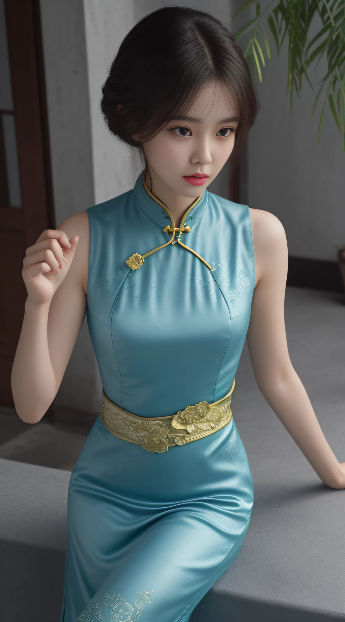 best qualtiy, hyper-high detail, Cinematic lighting，From above ,Close-up，modern， Full body like，Refined face，pretty  face，Skin reflection，25 years old woman，slimfigure，Shy，Smaller bust，cropped shoulders，outside，New cheongsam