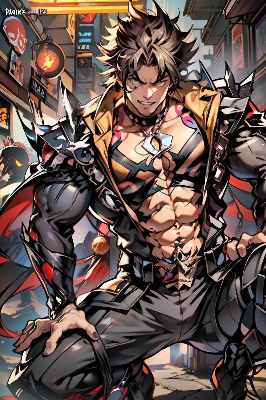 《the original god》Arataki Kazuto , male people,brunette color hair, chest muscle,(( Sexy )), Venom symbiote for your body, Black mucus of the body , into venom, (venomize),Black bodysuit,(Cloak),Red cape,Abs,(Adult male)((Venom possession,venom symbiote)),struggling,Battle damage,((Masterpiece)), ((Best quality)), Ultra detailed,((illustration)), Dynamic Angle, Detailed light, (Delicate eyes), Floating, 1boy, Male focus, Head, Clothing, Yellow eyes, necklace, tattoo, (Forehead:0.8), (ahoge:0.8), jewelry, brunette color hair,apathy,Ray, chest muscle, Sexy , Venom symbiote for your body, Black mucus of the body , (into venom), Venom,frontage,Bust photo,White tight-fitting top,spiderman outfit,style of anime4 K, 4K anime wallpaper, Badass anime 8 K, 4 k comic wallpaper, young anime man, Anime boys, Anime wallpapers 4 k, Anime wallpaper 4K, High quality anime art style, Anime moe art style, Anime art wallpaper 8 K, Anime art wallpaper 4 K, RGB lighting