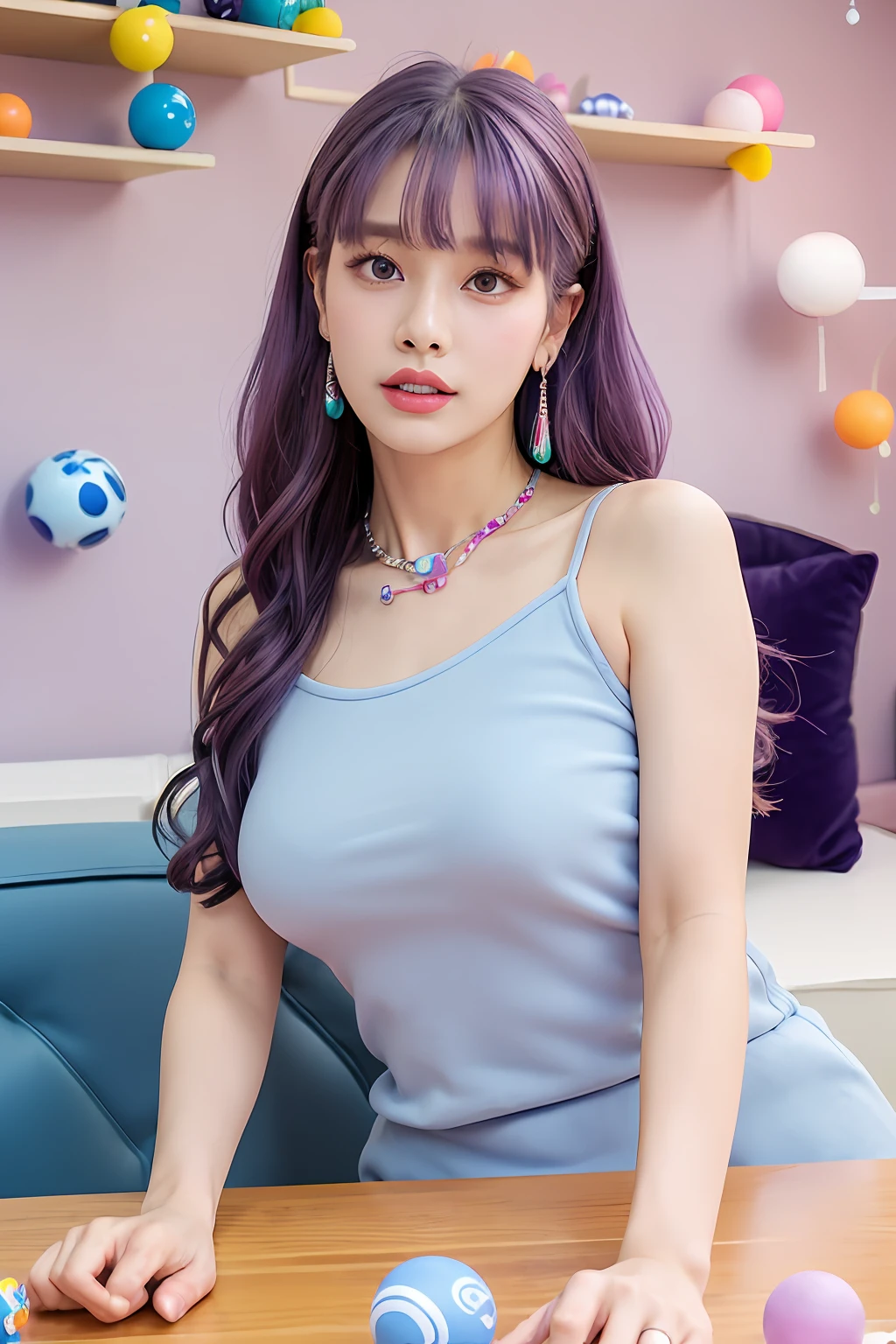 (extra detailed body、extra detailed face、best qualtiy:1.2)、femele、looking at the viewers、(Dragog Queen、Purple hair、Fancy Necklaces、piercings、makeups)、(Light blue shelves on background、Pink table、Colorful sofa、5 colorful balance balls:1.4)