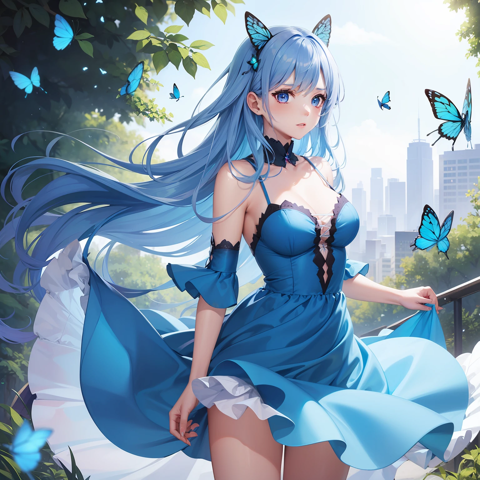 a women, blue butterfly, blue hair, pink eyes, blue dress