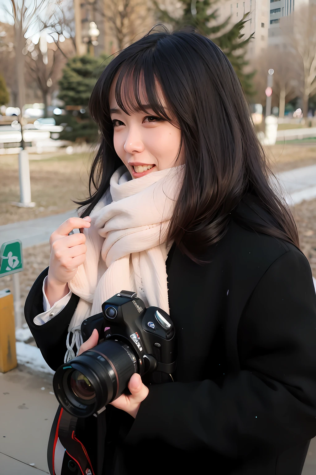 ((Manhwa Style,Smiling woman,Park background,cameras),high saturated,brightcolors,at ease,Sunlight exposure,Dynamic lines,Warm atmosphere)