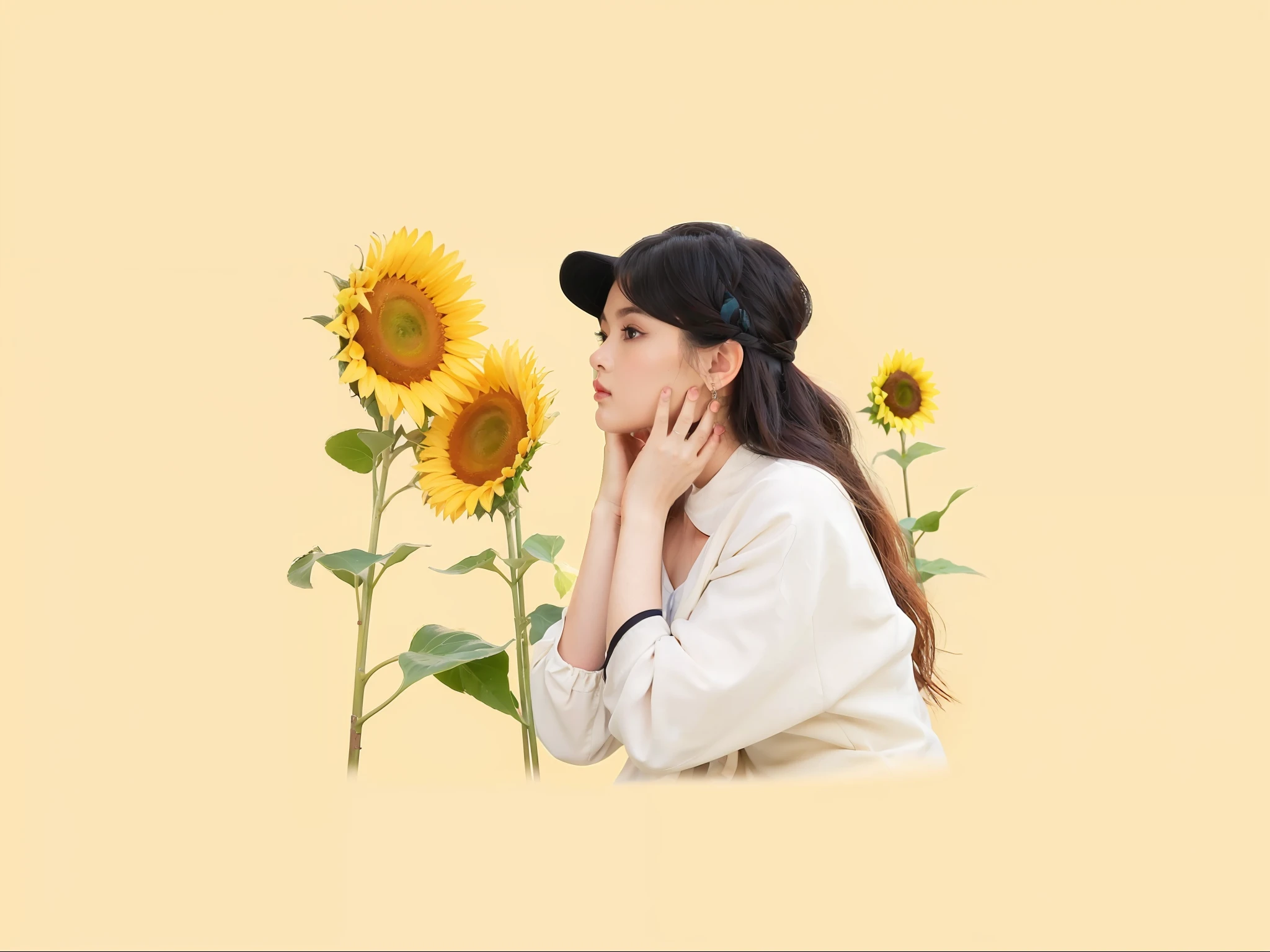 There was a woman standing in front of a sunflower., Beautiful Sunflower Anime Girl, Simple aesthetics, Sunflower in the background, No messages, Drawing style, cute artwork, Cover Art, ✏️🎨, 🍁 kawaii, with flowers, watercolor illustration style, Trends in artstration, Cute illustration, Illustration style, Soft aesthetics, lofi portrait, Simple art in pastel colors