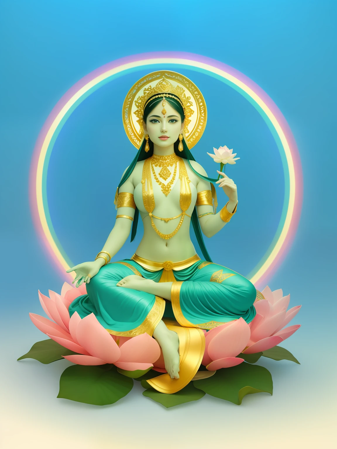 In the void, There is a beautiful virgin sitting leisurely in the lotus,Five-color sky,Perfect body posture,Delicate and radiant skin,(((White clothes))),(((Gold skirt))),(((White pants))),Barefoot,(Long curved eyebrows),Beautiful eyes sparkle,The large, Jewel-like eyes sparkle,Clear pupils have reflected light,二重まぶた,Lying silkworm,looks into camera,((Plump and rosy lips)) Clearly visible,((Flushed cheeks)),The mandible is plump,Green skin is delicate and smooth,Delicate skin translucent,A delicate and dexterous crown,inlaid gemstones,Delicate and skillfully set gemstones,Perfectly designed jewelry is exquisite,Beautiful eyes looking directly at the camera,((Pinch the stem of the lotus flower with one hand)),(((nice hand))),((((Good feet))),(((good legs))),realisticlying,white skinned,((Correct body structure)),Golden costume,decorated in white,Blue sky,Head background with round light,Behind him is a colorful rainbow circle,Color glow is turned on,Front lighting,Positive light,No shadows on the face,There are no shadows on the body,Blue sky,Unreal space,ethereal world,dreamworld,with blue sky and white clouds,Extremely fine,perfect pubic,tmasterpiece,4K,ultra-definition,of a real,Realistic,professional photoshooting,Standard lens shooting,
