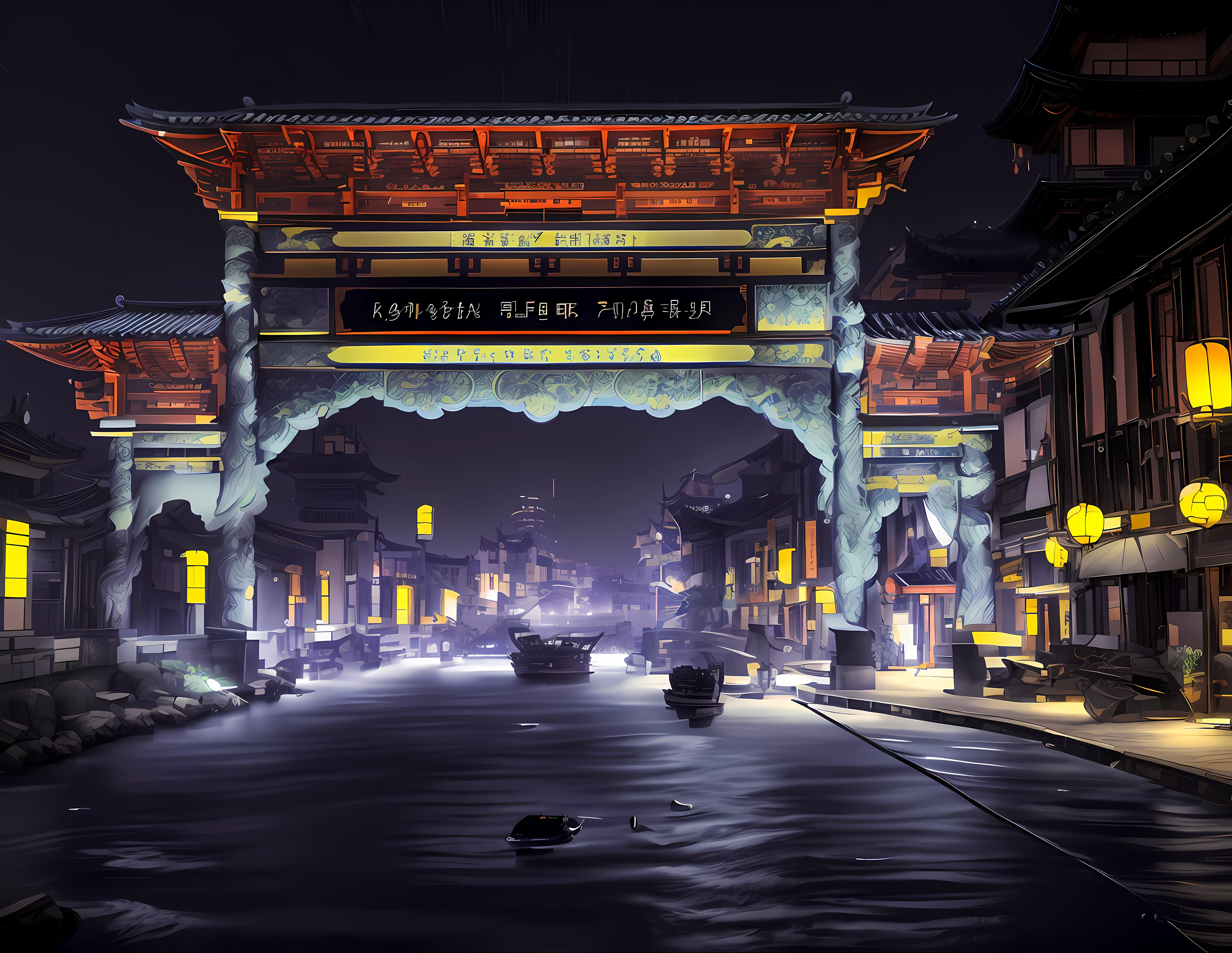 nighttime view of a building with a bridge and a river, cyberpunk chinese ancient castle, ancient chinese architecture, japanese city at night, chinese architecture, tang dynasty palace, kyoto inspired, chinese building, japanese city, chinese palace, building along a river, glowing temple in the distance, in a japanese town at night, inspired by Zhang Sengyao, beautifully lit buildings