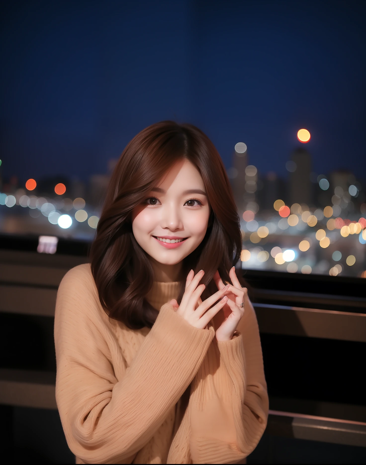 realistic photos of (1 cute Korean star) Shoulder-length hair, thin makeup, 32 inch breasts size, slightly smile, wearing sweater, waved hello, at the city night, crowded is backdrop, f/1.2, Canon, 135mm, blurry, backlighting