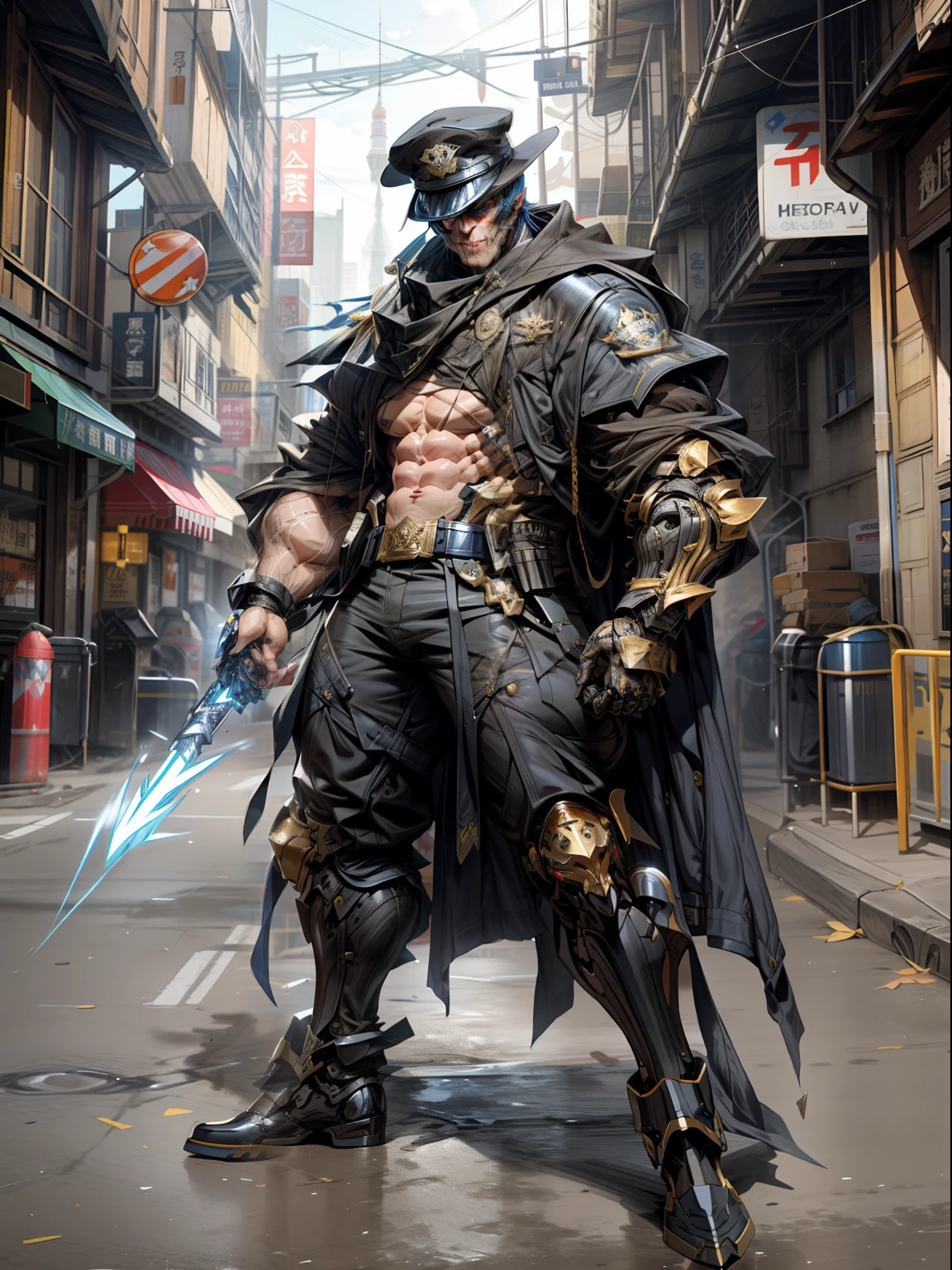 Ruthless Warden,Wearing a police uniform,Carry a cloak,Wearing a police hat,Holding an electrified truncheon in his left hand,Full body warden cartoon,Facial exposure, Muscular male cyborg, cyber skeletons, ,heavy metal, 《Reverse war》warden,Street Fighter Police,Vega