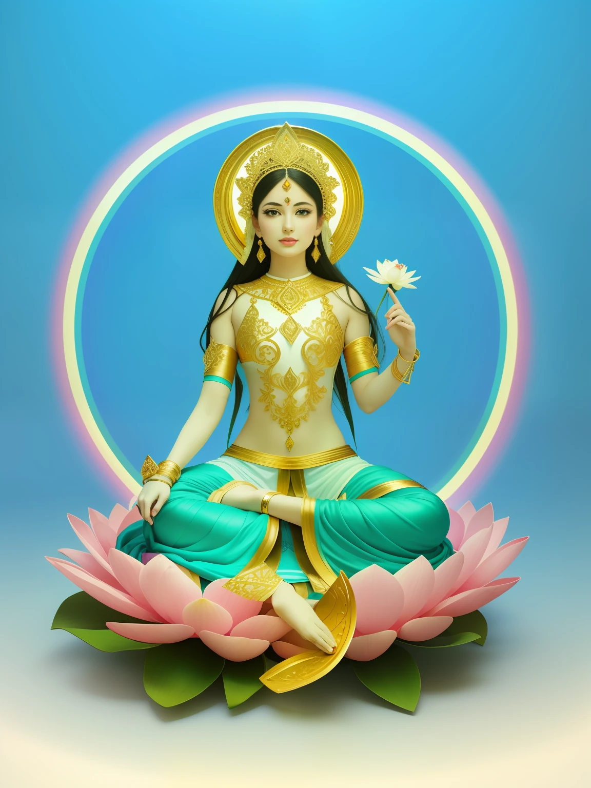 In the void, There is a beautiful virgin sitting leisurely in the lotus,Five-color sky,Perfect body posture,Delicate and radiant skin,(((White clothes))),(((Gold skirt))),(((White pants))),Barefoot,(Long curved eyebrows),Beautiful eyes sparkle,The large, Jewel-like eyes sparkle,Clear pupils have reflected light,二重まぶた,Lying silkworm,looks into camera,((Plump and rosy lips)) Clearly visible,((Flushed cheeks)),The mandible is plump,Green skin is delicate and smooth,Delicate skin translucent,A delicate and dexterous crown,inlaid gemstones,Delicate and skillfully set gemstones,Perfectly designed jewelry is exquisite,Beautiful eyes looking directly at the camera,((Pinch the stem of the lotus flower with one hand)),(((nice hand))),((((Good feet))),(((good legs))),realisticlying,white skinned,((Correct body structure)),Golden costume,decorated in white,Blue sky,Head background with round light,Behind him is a colorful rainbow circle,Color glow is turned on,Front lighting,Positive light,No shadows on the face,There are no shadows on the body,Blue sky,Unreal space,ethereal world,dreamworld,with blue sky and white clouds,Extremely fine,perfect pubic,tmasterpiece,4K,ultra-definition,of a real,Realistic,professional photoshooting,Standard lens shooting,
