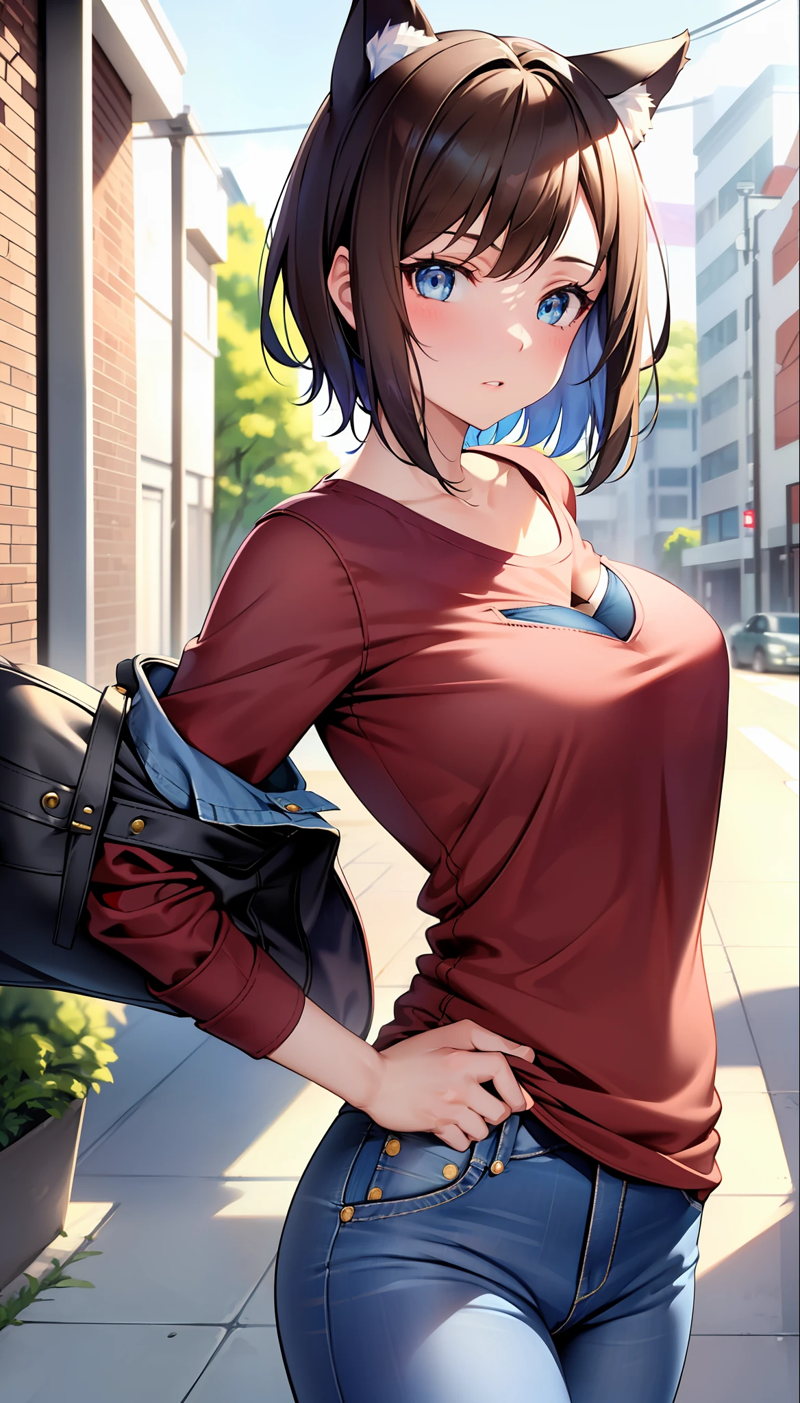 masterpiece , a girl with cat ears, on the street , ( lite brown short hair:1.2), (blue eyes:1.2), (red shirt:1.2), (blue jeans:1.4), (looks at the viewer:1.2) ,
(8k, best quality 1.2), ultra-detailed, 8k uhd,
soft lighting, high quality, film grain, beautiful lighting,
cinematic ,perfect body , best illumination, best shadow, sharpness, contrast,