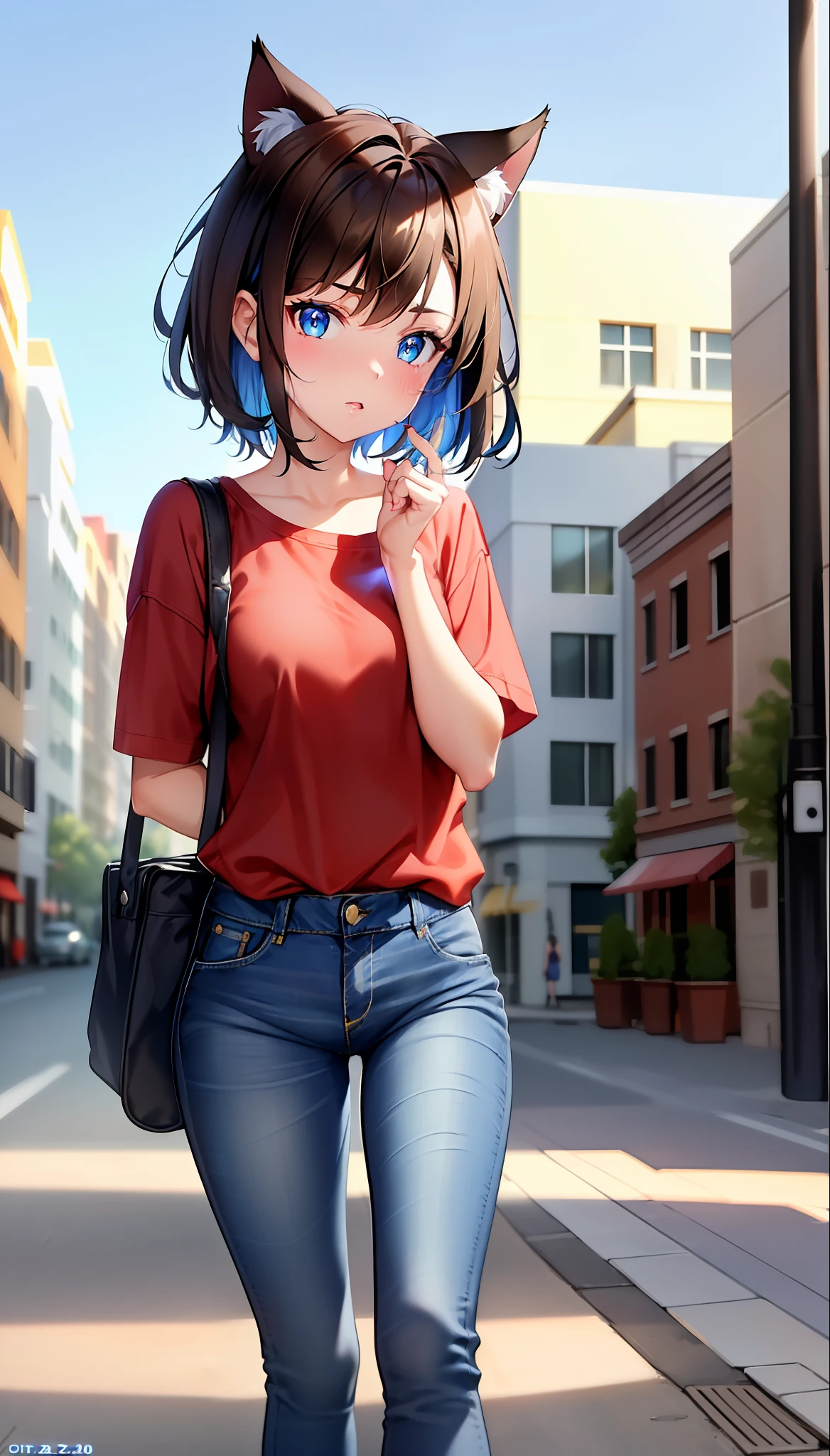 masterpiece ,  a girl with cat ears, on the street , ( lite brown short hair:1.2), (blue eyes:1.2), (red shirt:1.2), (blue jeans:1.4),   (looks at the viewer:1.2) ,

(8k,  best quality 1.2),  ultra-detailed, 8k uhd,
 soft lighting, high quality, film grain,   beautiful lighting,
cinematic ,perfect body , best illumination, best shadow,  sharpness, contrast,