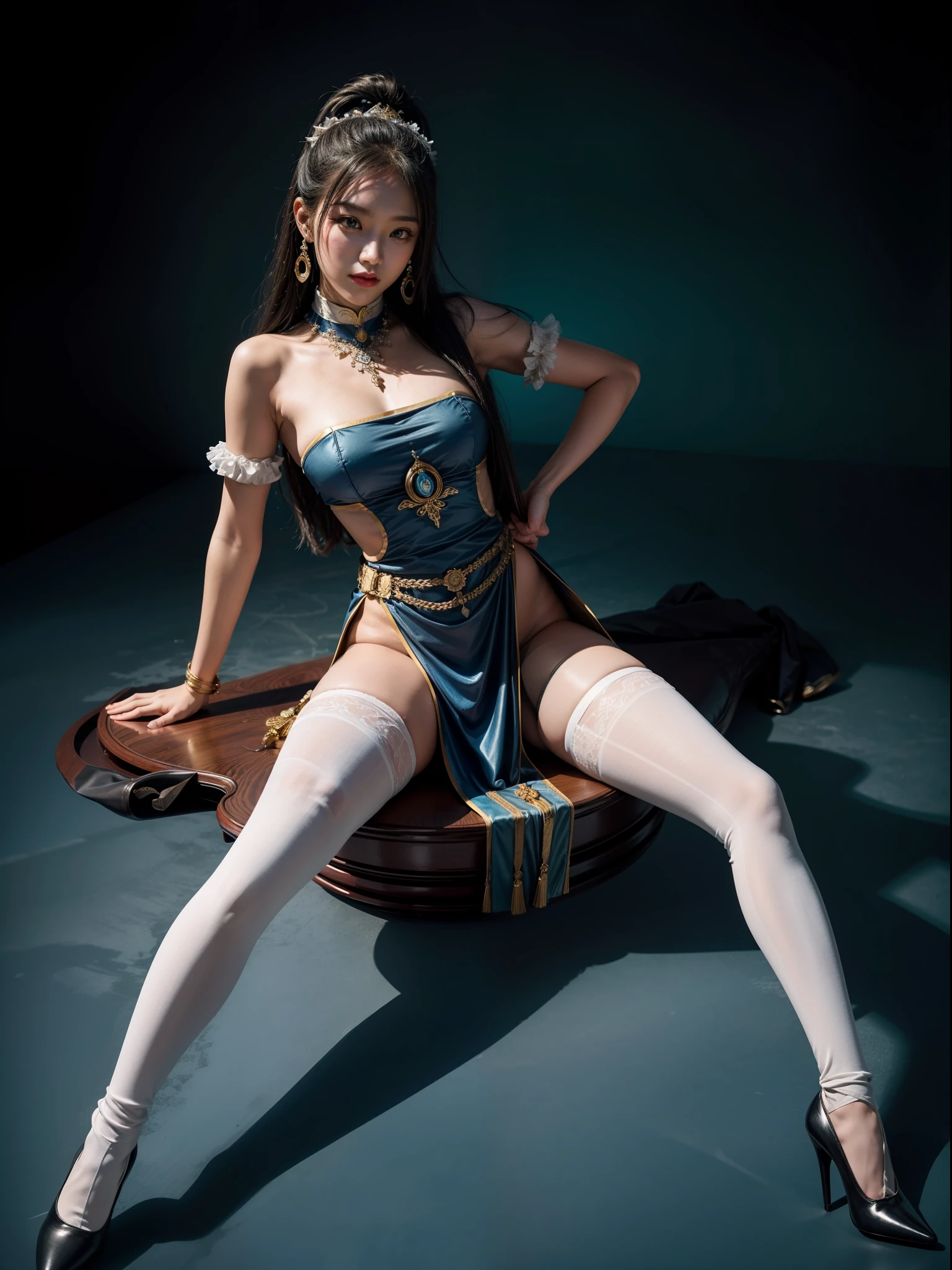 Splitting characters is prohibited，(Full body shot:1.3), Must show your face, anatomy correct, Sit on the battlefield,Stocking tights are mandatory，Polished pointed-toe heels must be worn， Colorful Mongolian costumes， A shallow laugh, Complex and diverse backgrounds，Strangling effect,hyper HD, Ray traching, structurally correct, Award-Awarded, high detal, lightand shade contrast, Face lighting，cinmatic lighting, tmasterpiece, super detailing, high high quality, high detal, best qualityer, 16k
