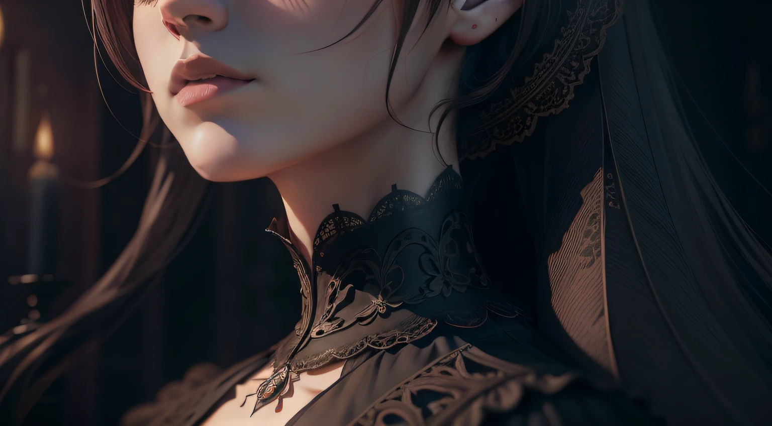 Official Art, Unity 8k wallpaper, ultra-detailed, beautiful, beautiful, masterpiece, best quality, dark, atmospheric, mystical, romantic, creepy, literature, art, fashion, victorian, decoration, intricate, ironwork, lace, contemplative, emotional depth, supernatural, 1 girl, solo, neck, bust composition