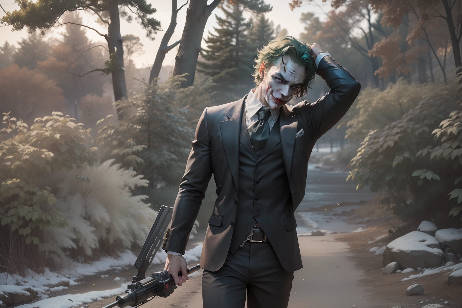 8k, RAW photo, best quality, masterpiece:1.2), ultra detailed, official art, photo-realistic:1.37, upper body shot, DC Joker, film grain, action pose.