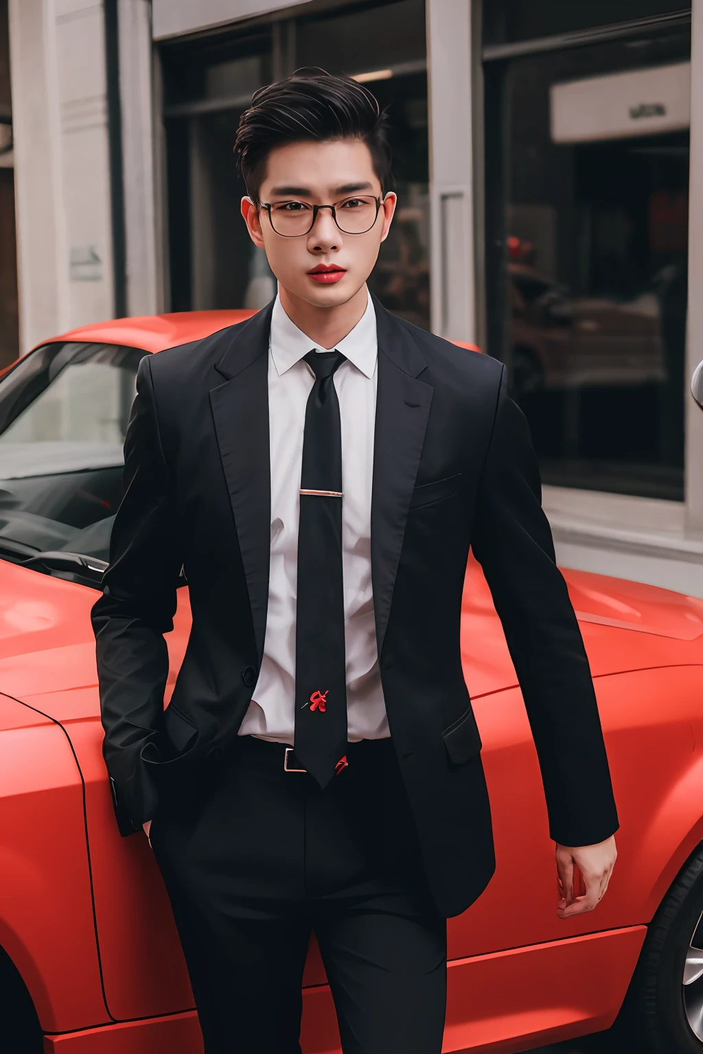 Asian male model on the street，and his wedding car，Cool red car，SLR in hand，Suit tie