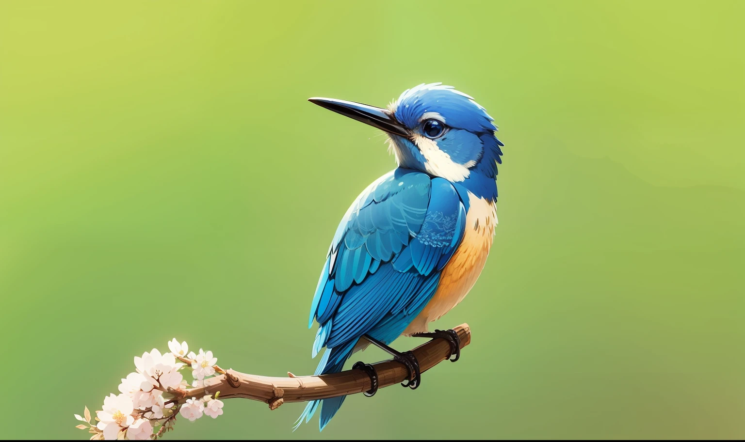 A blue bird stands on a branch,With captivating illustrations、Meticulous、honeycore、Minimalist image、hand-drawn animation、Detailing、kawaii art、Texture exploration、soft lines and shapes、Meticulous design for style