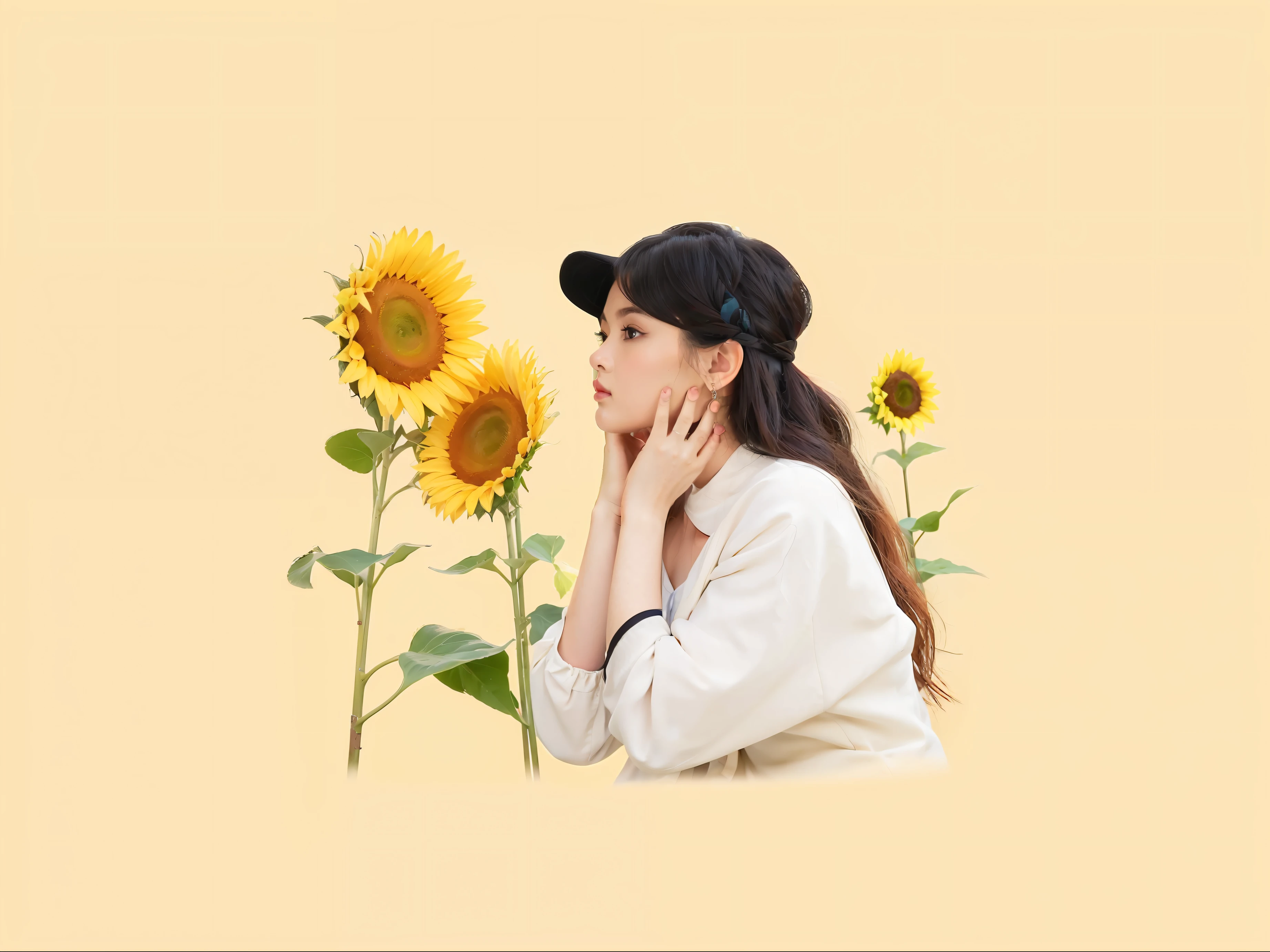 There was a woman standing in front of a sunflower., Beautiful Sunflower Anime Girl, Simple aesthetics, Sunflower in the background, No messages, Drawing style, cute artwork, Cover Art, ✏️🎨, 🍁 kawaii, with flowers, watercolor illustration style, Trends in artstration, Cute illustration, Illustration style, Soft aesthetics, lofi portrait, Simple art in pastel colors