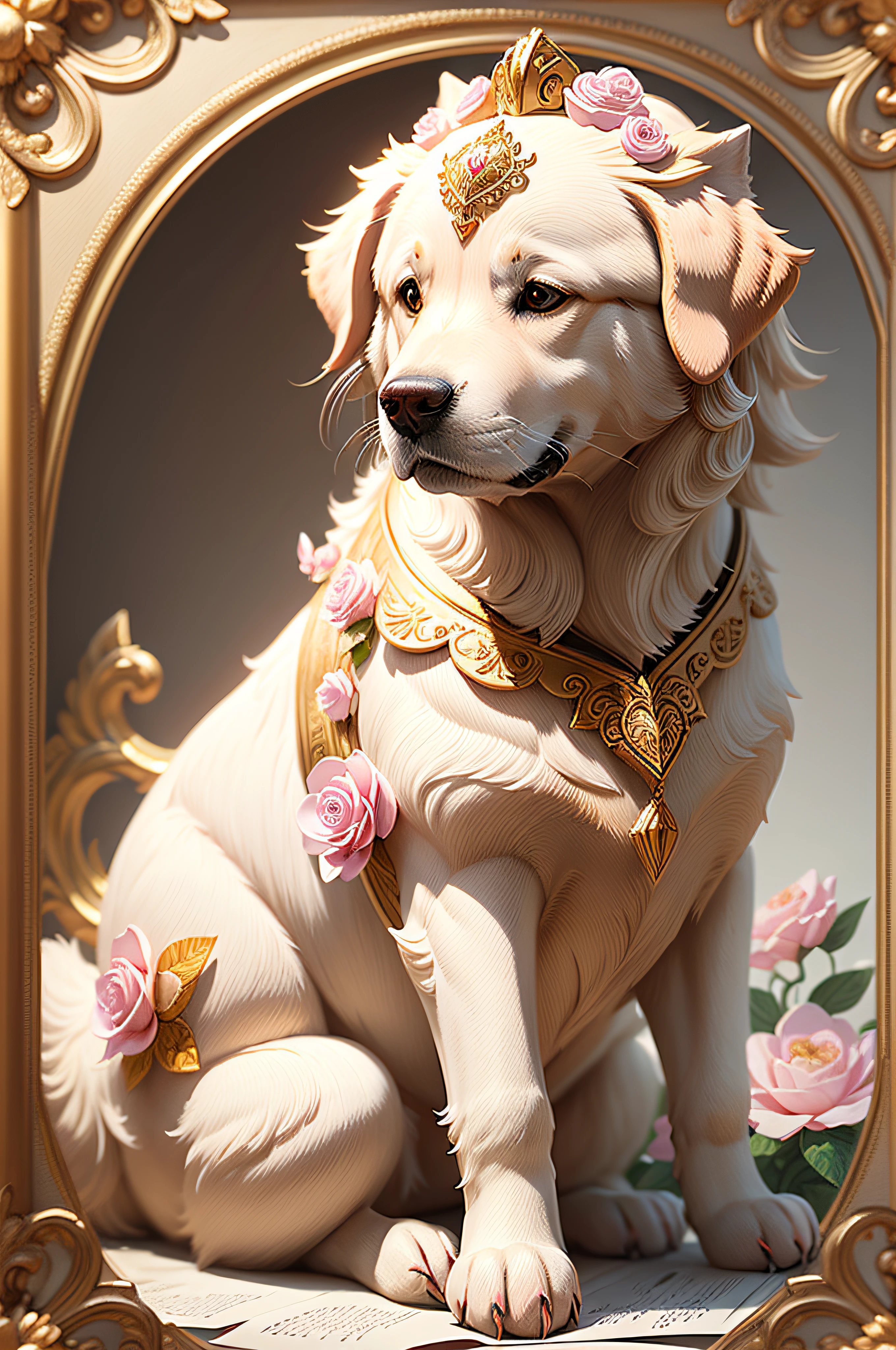 white ceramic adornment of a golden retriver adorned with flowers, in the style of hyperrealistic murals, paper sculptures, pink and amber, gothic art, hyper-realistic animal illustrations, relief sculpture, artist's frame --v 5.2