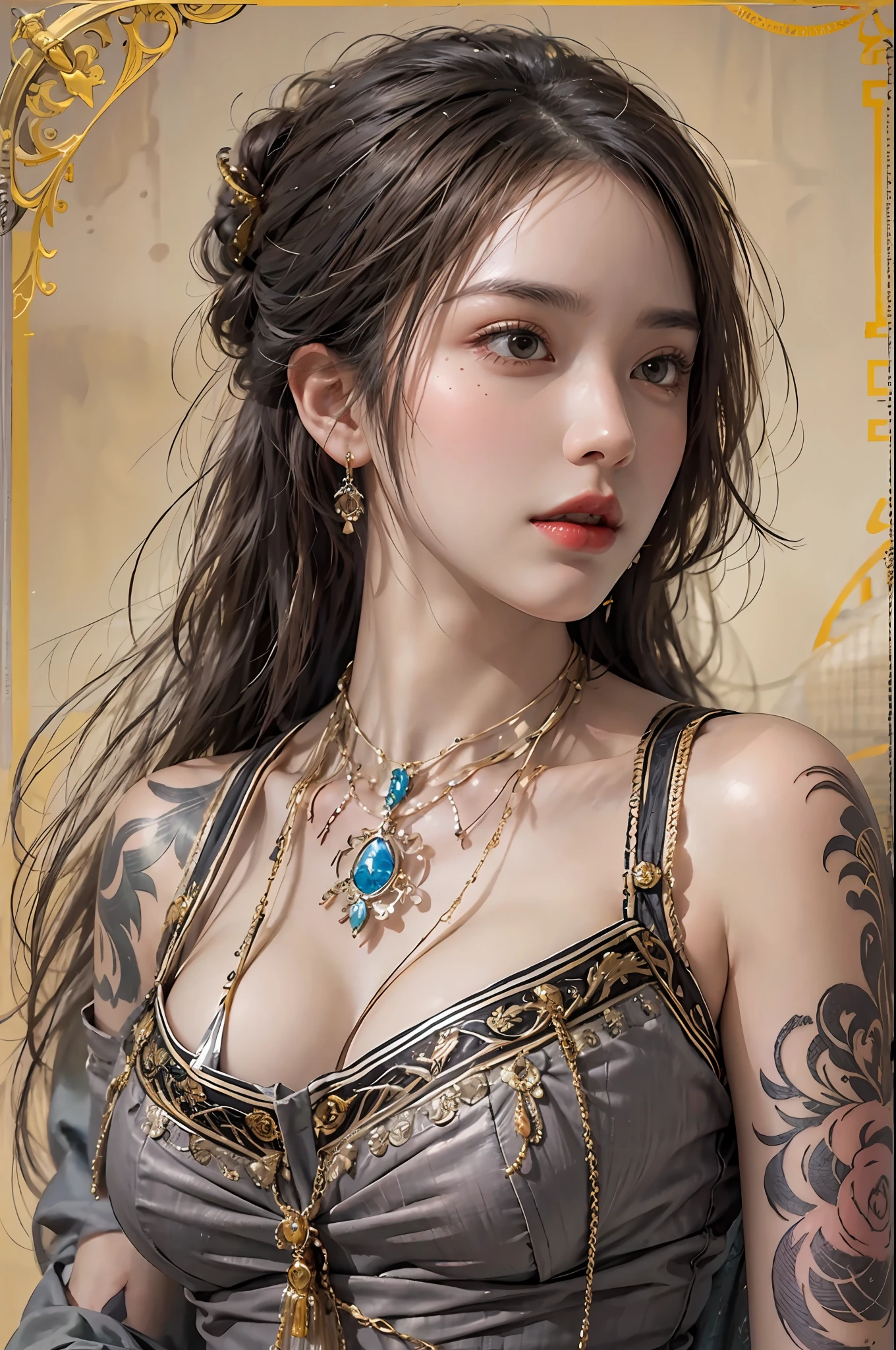 photorealistic, high resolution, 1women, solo, hips up, look at viewer, (detailed face), 1800s fashion style, tattoo, jewelry