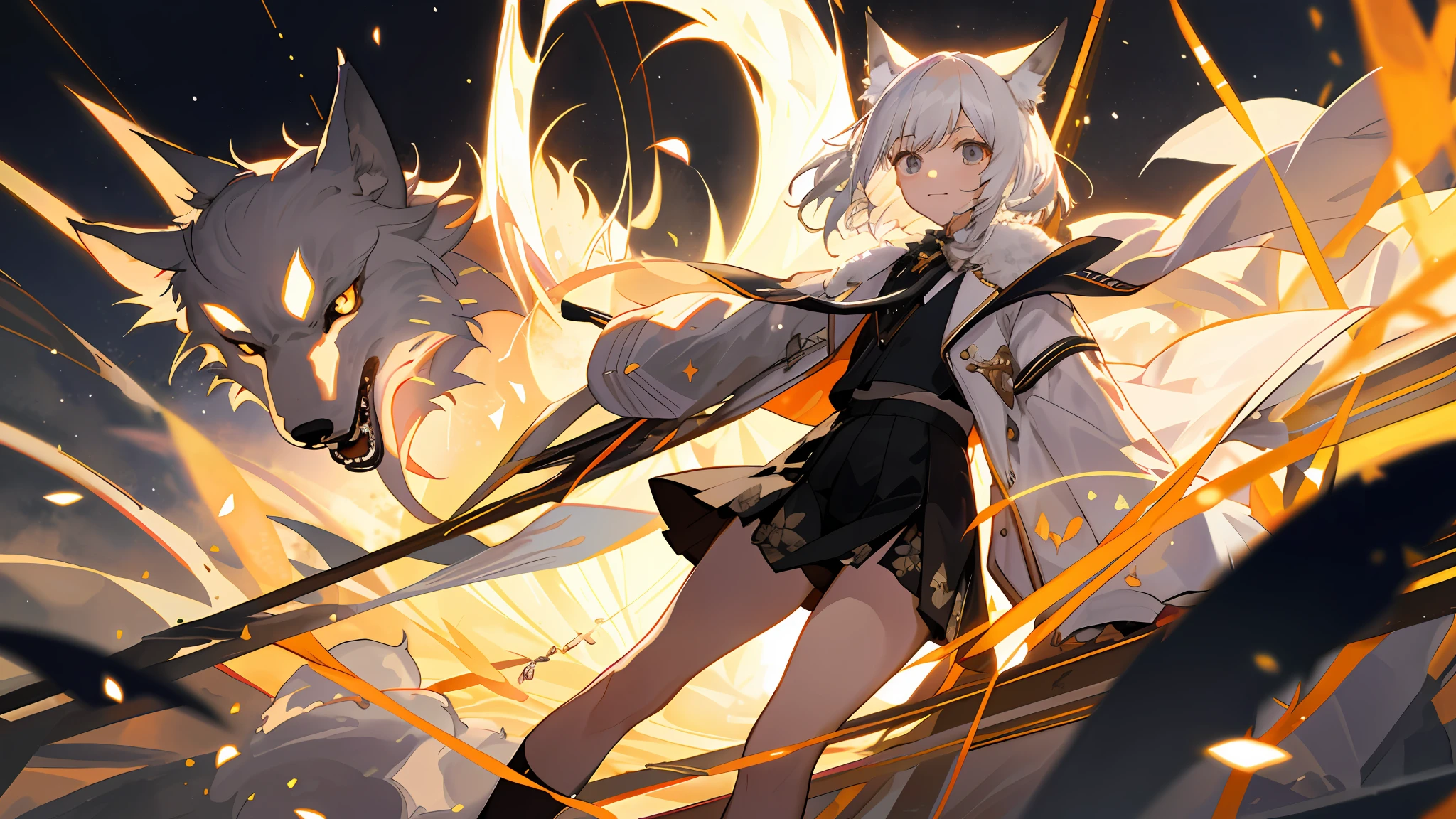 (Best quality at best,tmasterpiece),1girll,ray of lights,glitters,black short skirt,Harnes,Particle,ventania,florals,The upper part of the body,Dark simple background,looking at viewert,White-haired girl,Wolf ears,A hang tag hangs on his chest,black leg rings,starrysky,ceremonious,snowflower,Dazzle
