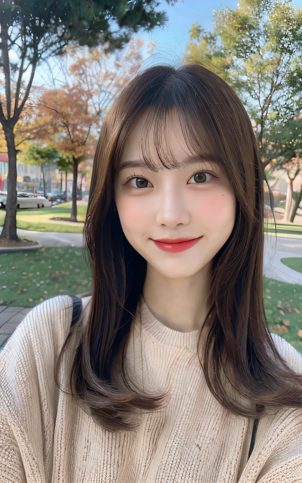 (8k, RAW photos, top quality, masterpieces: 1.2), (realistic, photorealistic: 1.37), ultra detail, ultra high resolution, Pio Apple, one girl, look viewer, (smile: 1.2), beautiful detailed eyes, floating hair, bangs, skin texture, narrow waist, slim waist, (curve: 0.4), belly buttons, legs, movie lighting, professional lighting, light face, park
