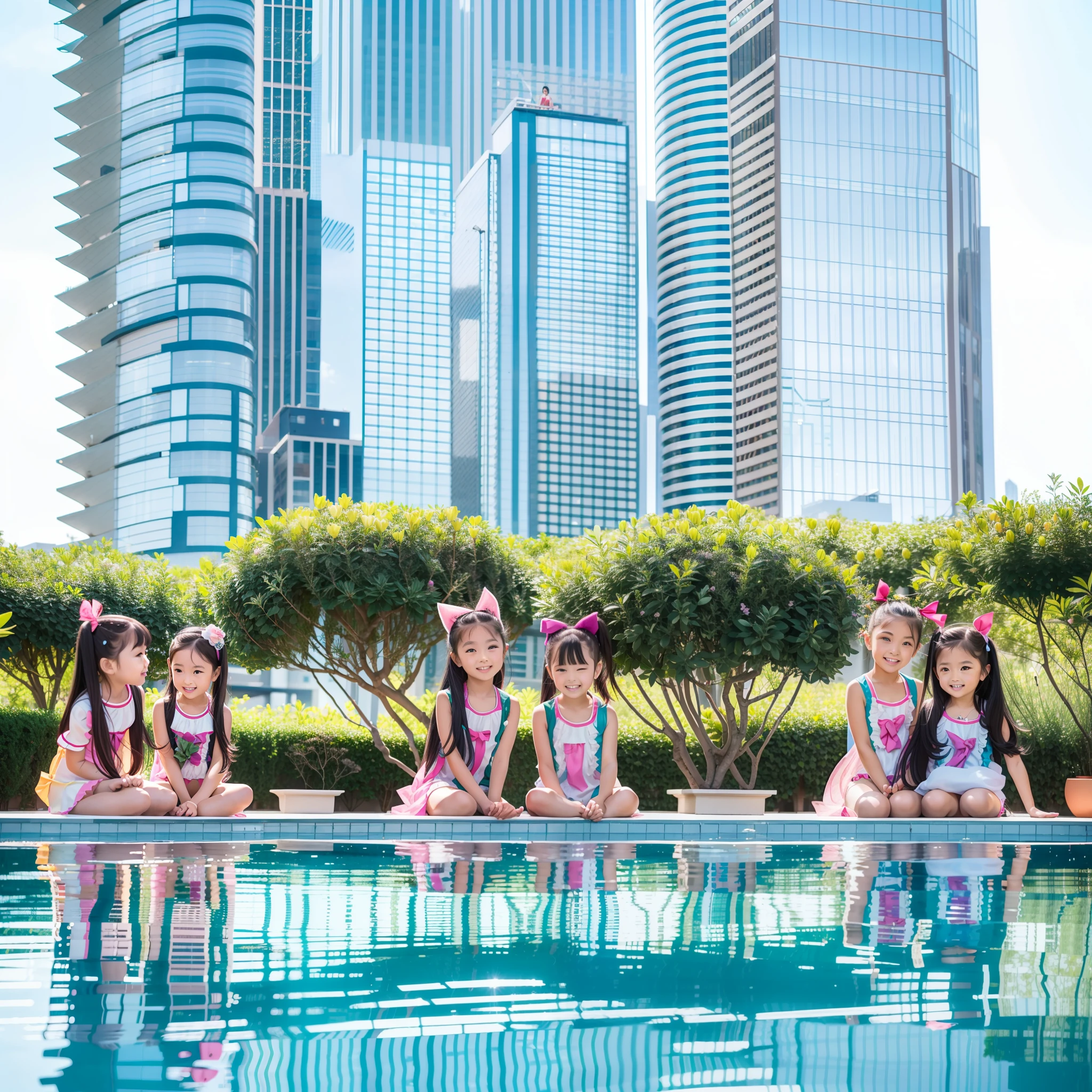 The 180-story infinity swimming pool of the tallest building in the city's Senli,Sports Center,bonsai,green trees,tulips,There were five girls wearing openwork translucent stockings,Pouting and smiling,is shy,Pout,Pink, gold, White, Blue, Five colors, Two-tailed hair and cyan eyes,Anime littlein servant costume