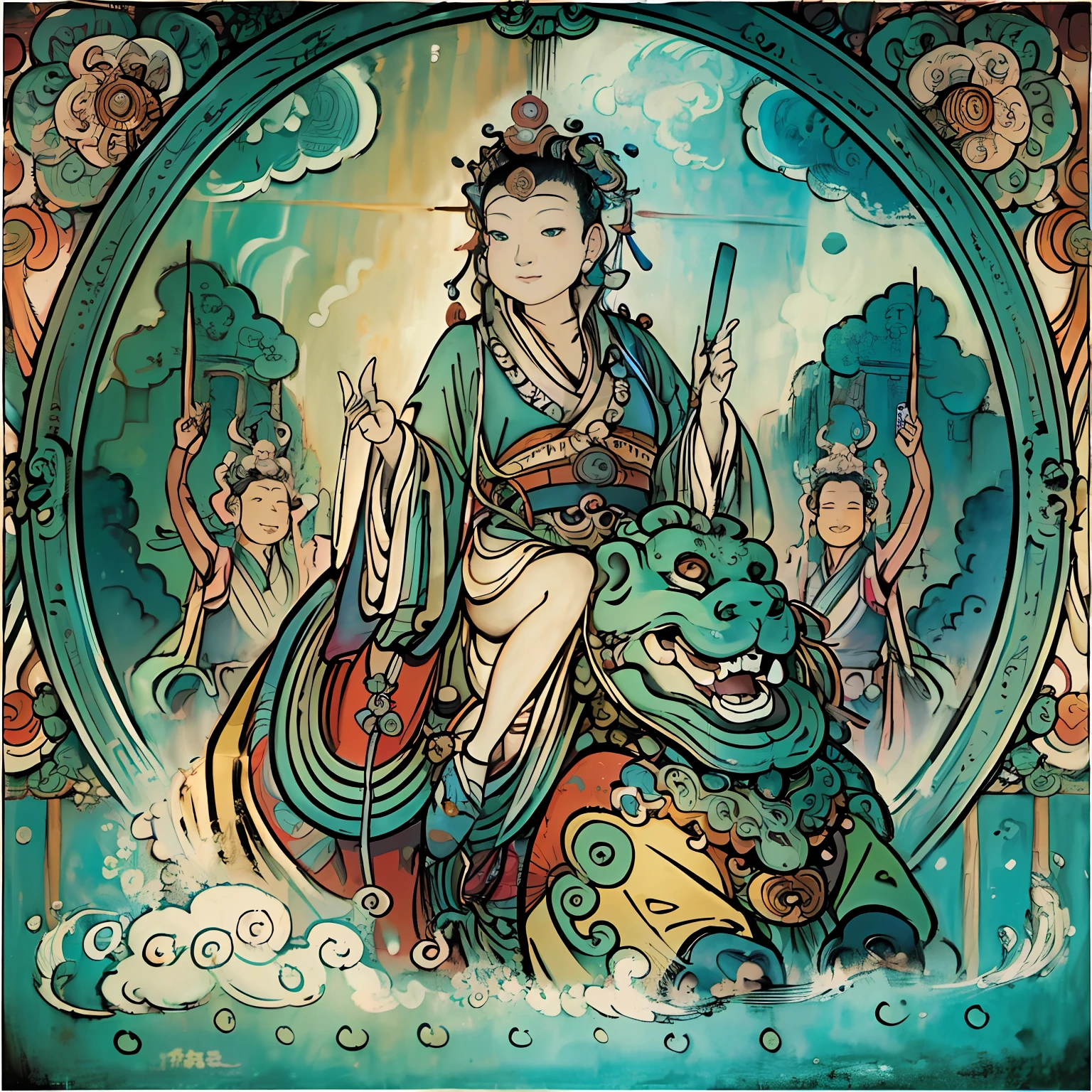 The painting was inspired by Tahara Valley Soda、Guanyin、guanyin of the southern seas、bodhisattva、Contentment Bodhisattva painting,The subject is a woman riding on the back of a white elephant,In the background are the sky。