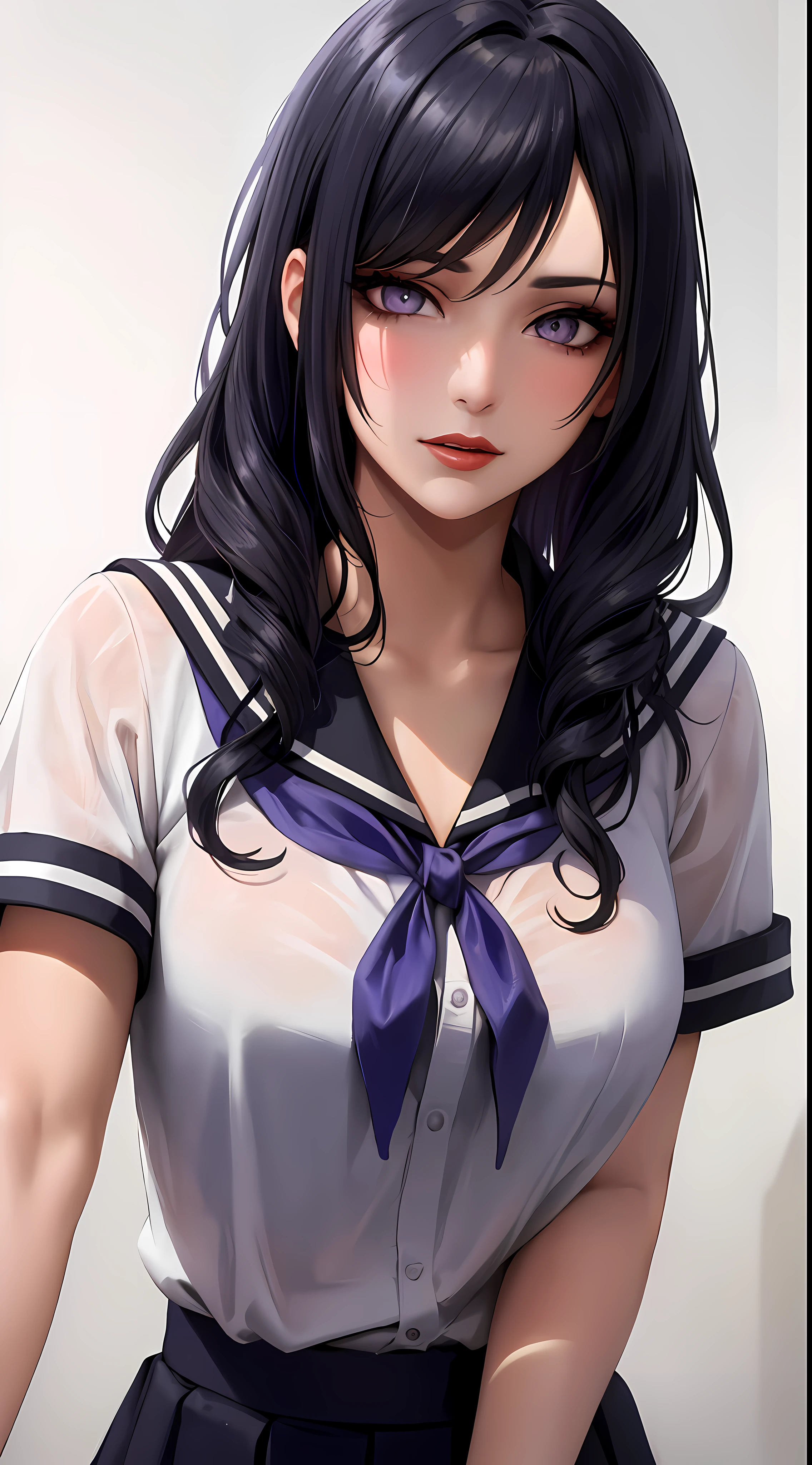 (masterpiece:1.2, best quality1:1, ultra-detailed:1.2, best shadow, 8k:1.1), (contrasting background, plain white background), (beautiful detailed face), high contrast, (perfect illumination:1.2, beautiful color, delicate color), ((cinematic light)), colorful, hyper detail, dramatic light, intricate details, (1 girl, solo, black hair, sharp face, messy long hair:1.2, wavy hair:1.1, purple eyes, glowing eyes, dynamic angle, highschool outfit, schoolgirl, upper body:1.2), (eye focus:0.9), (beautiful eyes), (purple theme), (center focus:1.2), depth of field, dark purple particles, (purple aura), makeup, red lipstick, red eyeshadow, hyperdetail makeup, hyperdetail lipstick, hyperdetail eyeshadow,