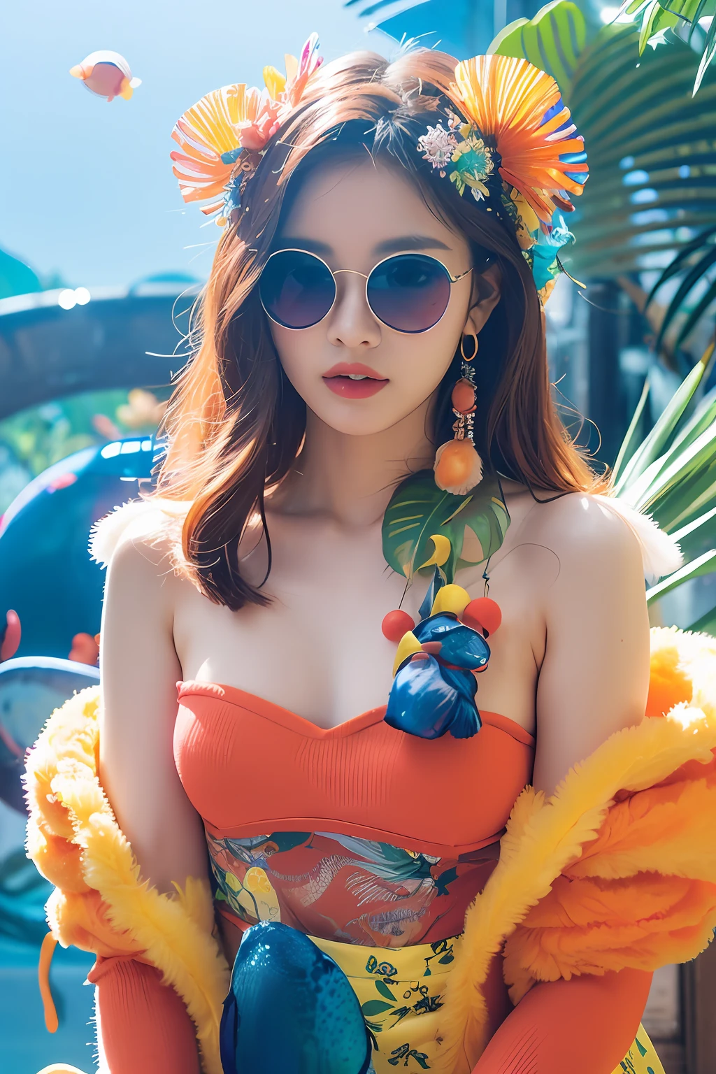 (extra detailed body、extra detailed face、best qualtiy:1.2)、femele、looking at the viewers、(Colorful fluffy clothes、round translucent ornament on the head,、Futuristic sunglasses)、(Tropical fish chaos in the background:1.4)Wong Ka Fai