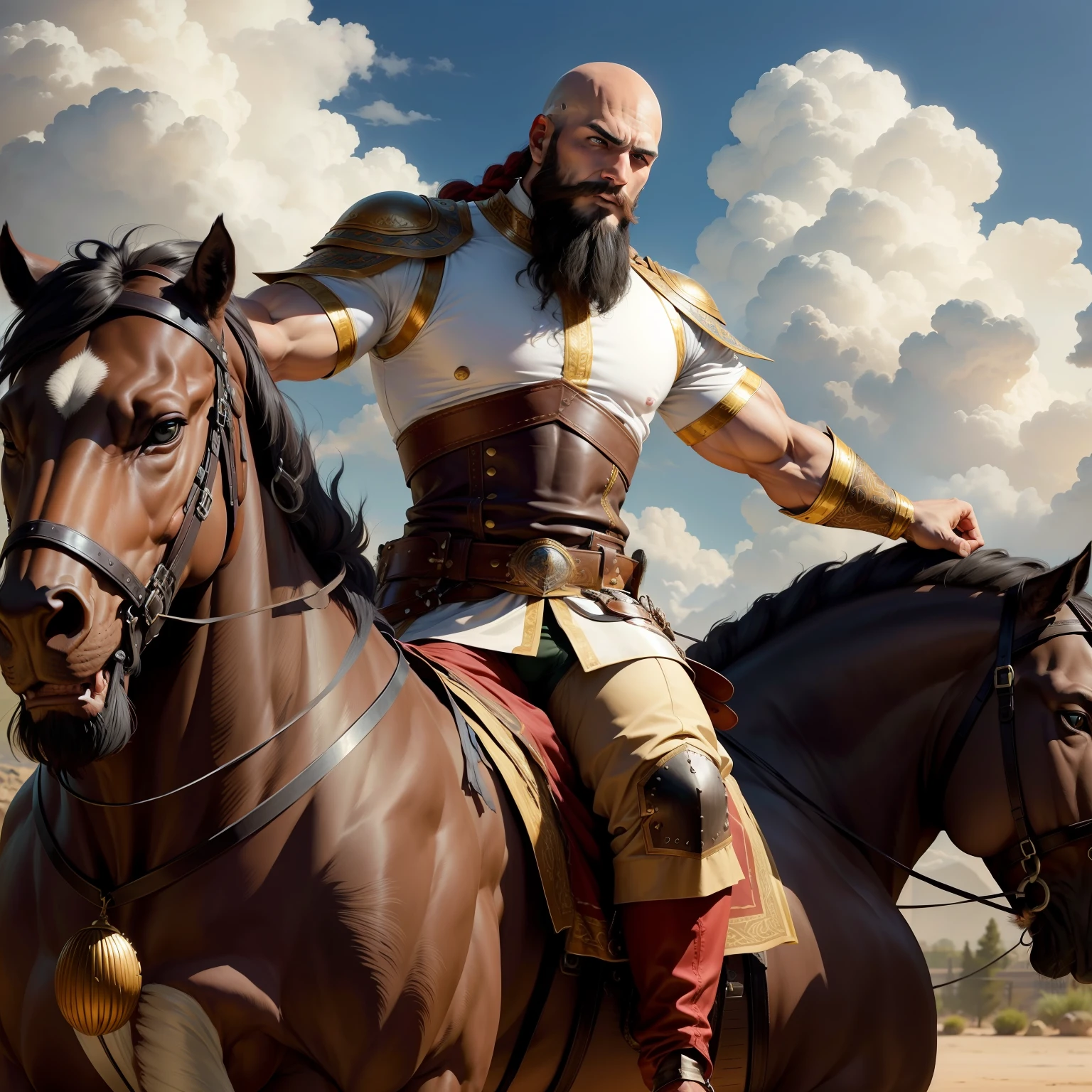 Handsome bald muscular beard arabian warrior leather outfit riding roaring lion