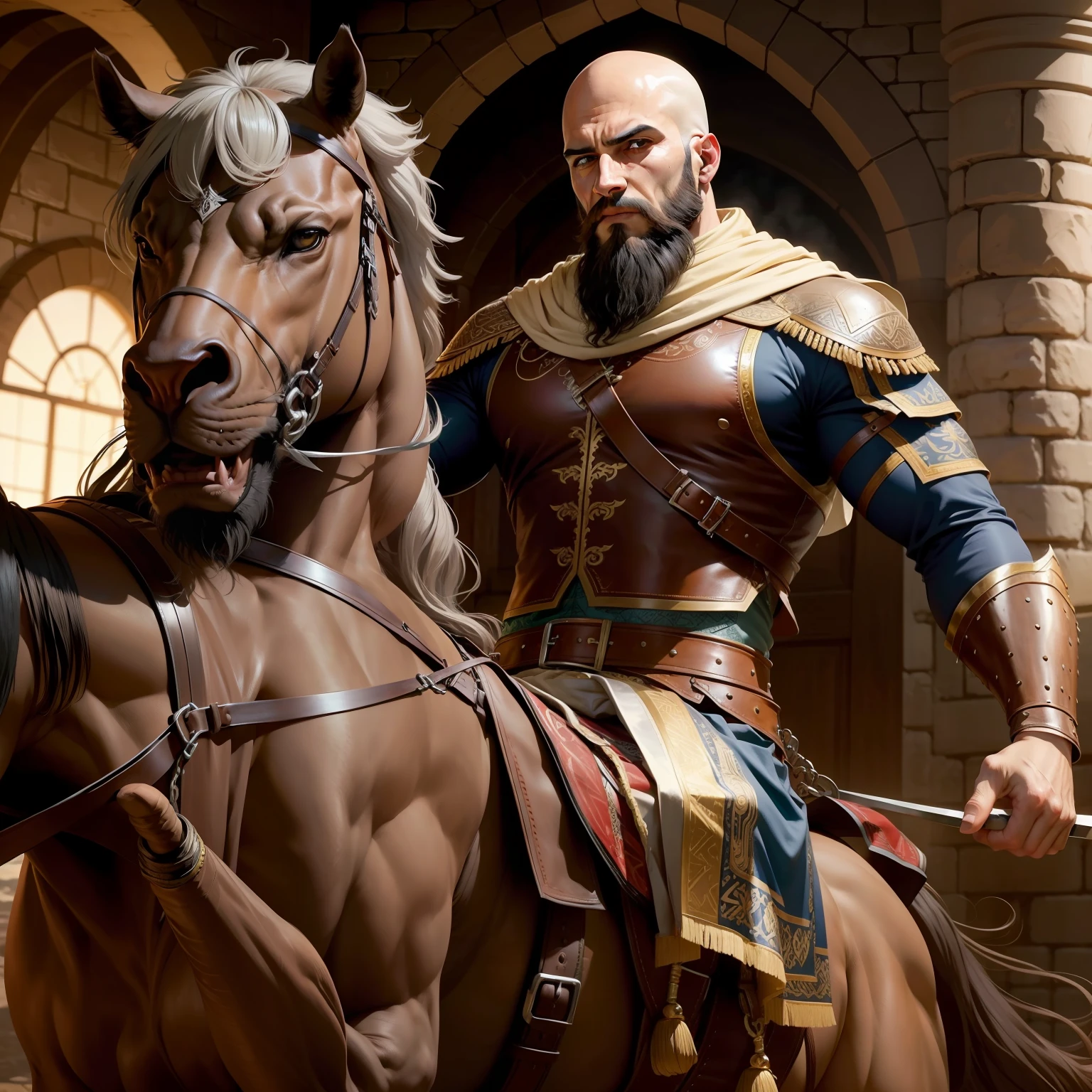 Handsome bald muscular beard arabian warrior leather outfit riding roaring lion