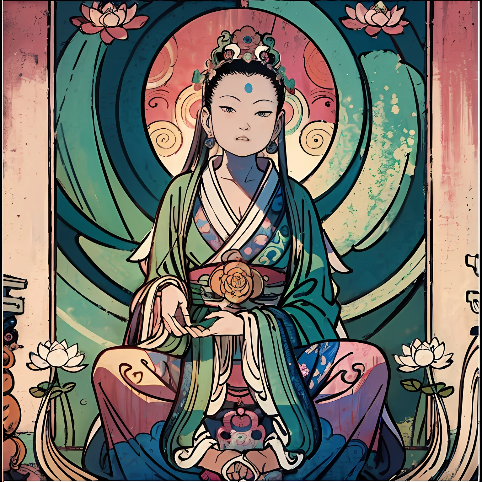 The Buddha statue sits on a lotus flower,guanyin of the southern seas,floating in a powerful zen state,powerful zen composition,pink zen style,Serene expression,Zen meditation,inspired by Itō Jakuchū,standing gracefully upon a lotus,Zen temple background。