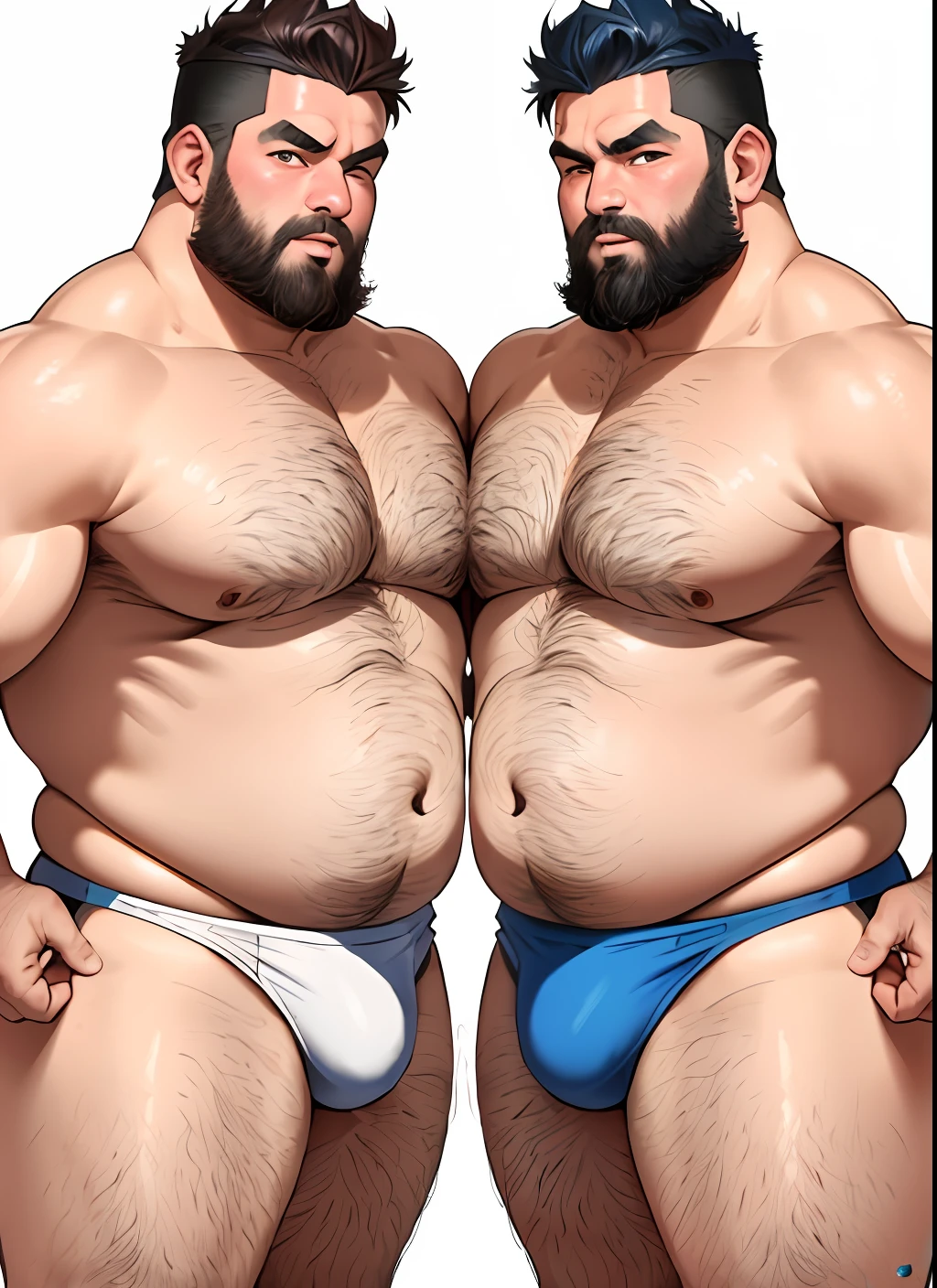 Two identical chubby veterans belly barginf at the beach, identical wrestlers, doppelgangers, older men, white beards, Speedos, shirtless, hairy, huge bellies, blue Speedos against red speedos, ball bellies