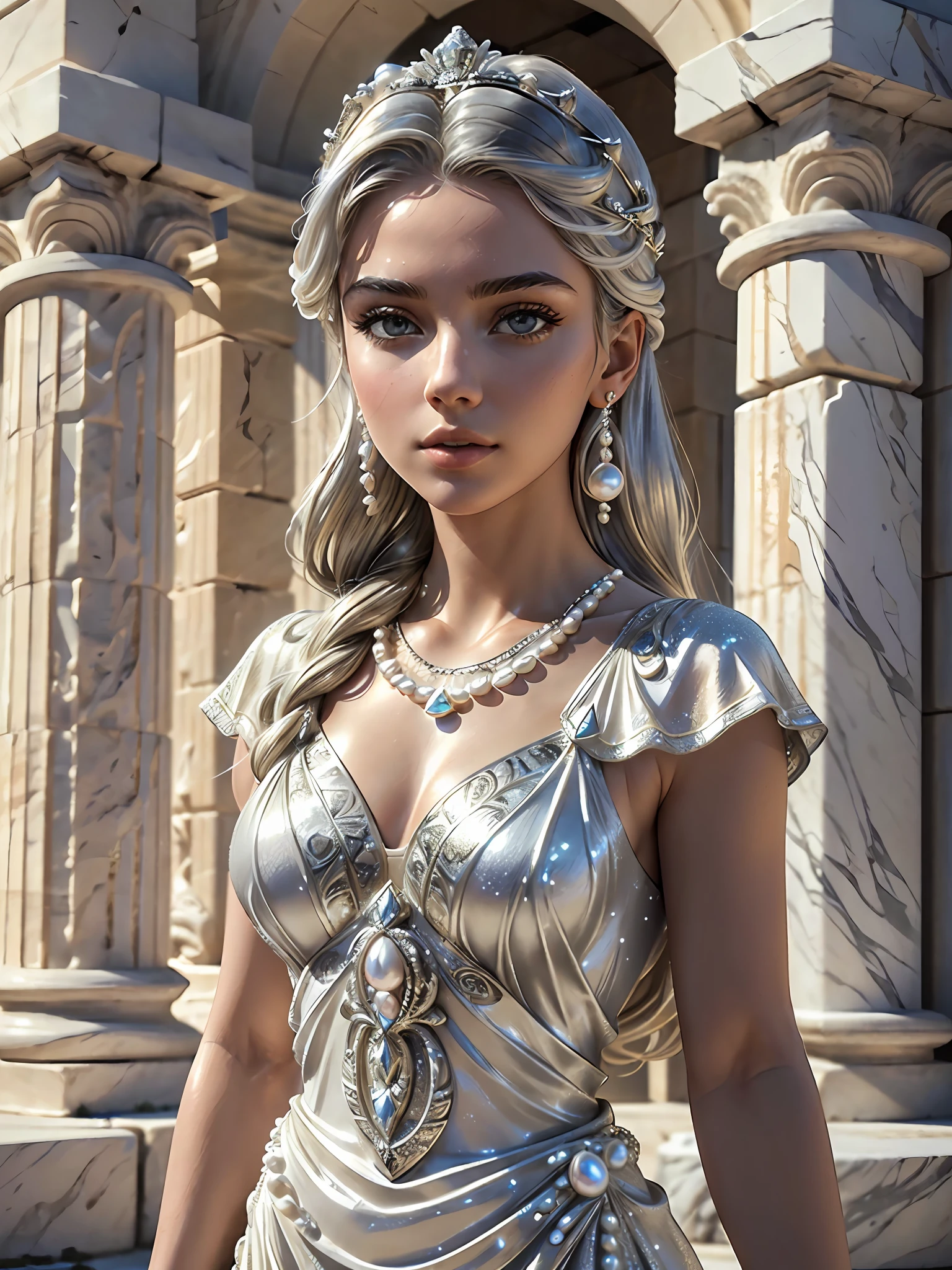 (masterpiece), (best quality), ((ultra-detailed)), (highly detailed analog style photo), natural lighting, photorealistic, extremely beautiful young lady in the marble rocks, dramatic pose, intricate detailed silver glittering ancient greek style pearl dress, shining, gloss, crisp, flirty, epic, focus, artistic, very bright, intricate hairstyle, pattern, bas-relief, cinematic shot