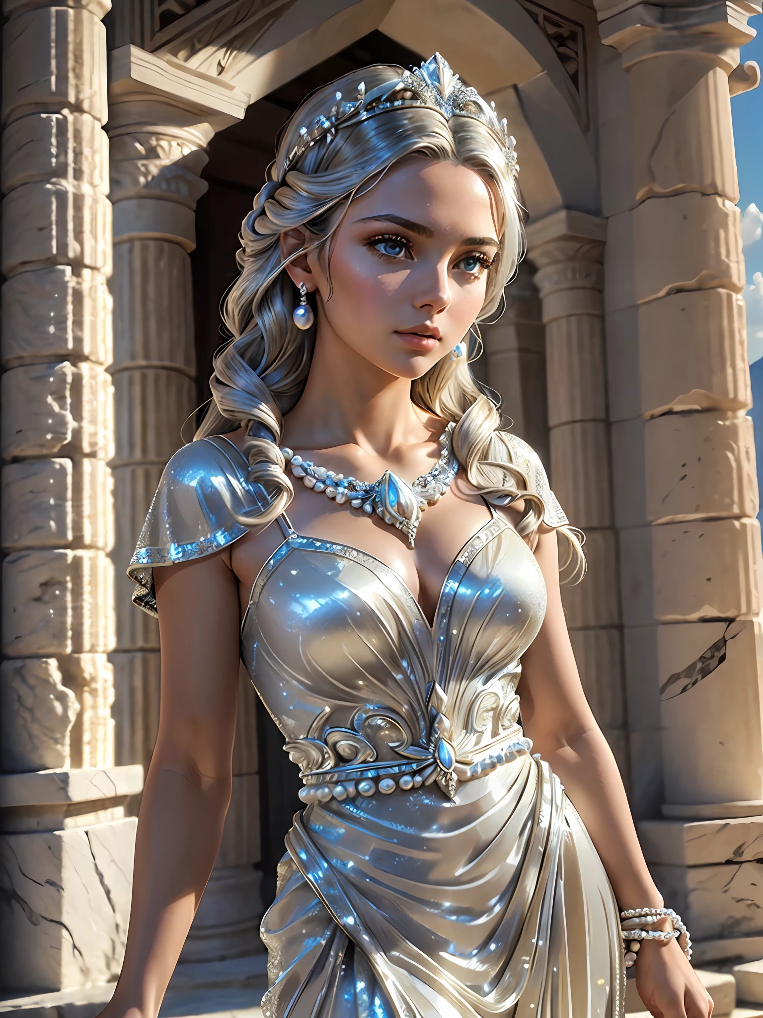 (masterpiece), (best quality), ((ultra-detailed)), (highly detailed analog style photo), natural lighting, photorealistic, extremely beautiful young lady in the marble rocks, dramatic pose, intricate detailed silver glittering ancient greek style pearl dress, shining, gloss, crisp, flirty, epic, focus, artistic, very bright, intricate hairstyle, pattern, bas-relief, cinematic shot