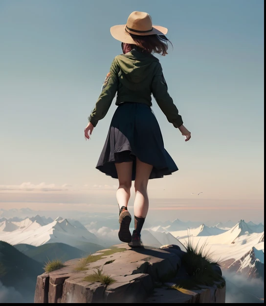 There was a woman standing on a rock,arms out, girl standing on mountain, Girl standing on a cliff, standing on top of a mountain, girl dancing on cliff, standing atop a mountain peak, standing on a hill, At the top of a mountain, At the summit, on top of mountain, girl walking on mountain