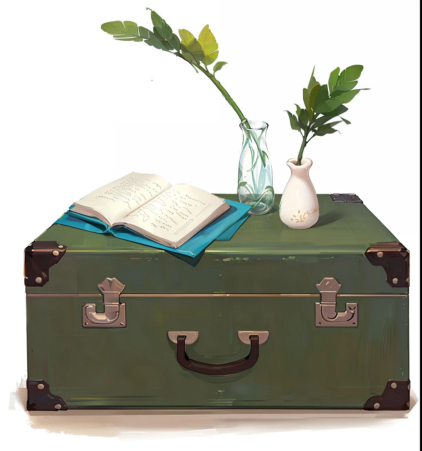 There is a green suitcase,There are two books and a plant on it, hand painted style,Non-realistic