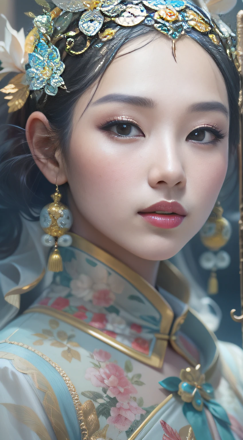 Exquisite and exquisite Chinese beauty,with short black hair,naturally straight hair,Superb sophistication,Good facial features,Peerless beauty,softness,dreamlike quality,Reallightandshadow,Ultra-fine brunette hair,Wear an ice flower dress,She wears a beautiful hair ornament on her head,Delicate melon seed face,Delicate skin,frontage,with blue sky and white clouds,Cover of a,zoom,Collar,Hyper-detailed painting,with light glowing,Natural soft light,复杂,4K,Naturally moving,Realistic,超高分辨率
