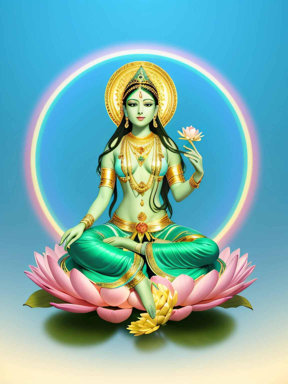In the void, There is a beautiful virgin sitting leisurely in the lotus，Five-color sky，Perfect body posture，Delicate and radiant skin，(((White clothes)))，(((Gold skirt)))，(((White pants)))，Barefoot，（Long curved eyebrows），Beautiful eyes sparkle，The large, Jewel-like eyes sparkle，Clear pupils have reflected light，二重まぶた，Lying silkworm，looks into camera，（（Plump and rosy lips）） Clearly visible，（（Flushed cheeks）），The mandible is plump，Green skin is delicate and smooth，Delicate skin translucent，A delicate and dexterous crown，inlaid gemstones，Delicate and skillfully set gemstones，Perfectly designed jewelry is exquisite，Beautiful eyes looking directly at the camera，（（Pinch the stem of the lotus flower with one hand）），(((nice hand)))，（（（（Good feet））），（（（good legs））），medium boob，（（Correct body structure）），Golden costume，decorated in white，Blue sky，Head background with round light，Behind him is a colorful rainbow circle，Color glow is turned on，Front lighting，Positive light，No shadows on the face，There are no shadows on the body，Blue sky，Unreal space，ethereal world，dreamworld，with blue sky and white clouds，Extremely fine，perfect pubic，tmasterpiece，4K，ultra-definition，of a real，Realistic，professional photoshooting，Standard lens shooting，