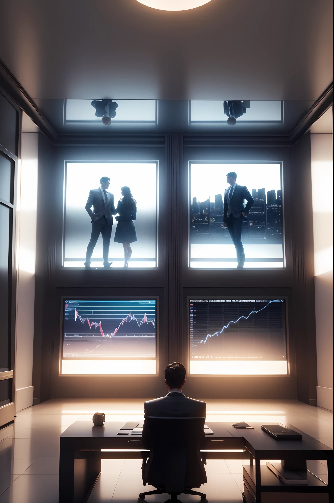 design a high ceiling trading floor in 3d rendered format. put exactly 4 people in the bottom of it. in fron of each person there is luxurious laptop showing price move smoothly. you can use concept the series Biliions and the movie wolf Of wall street. monitor's screen are showing us price movement. avoid any unrealistic concept.