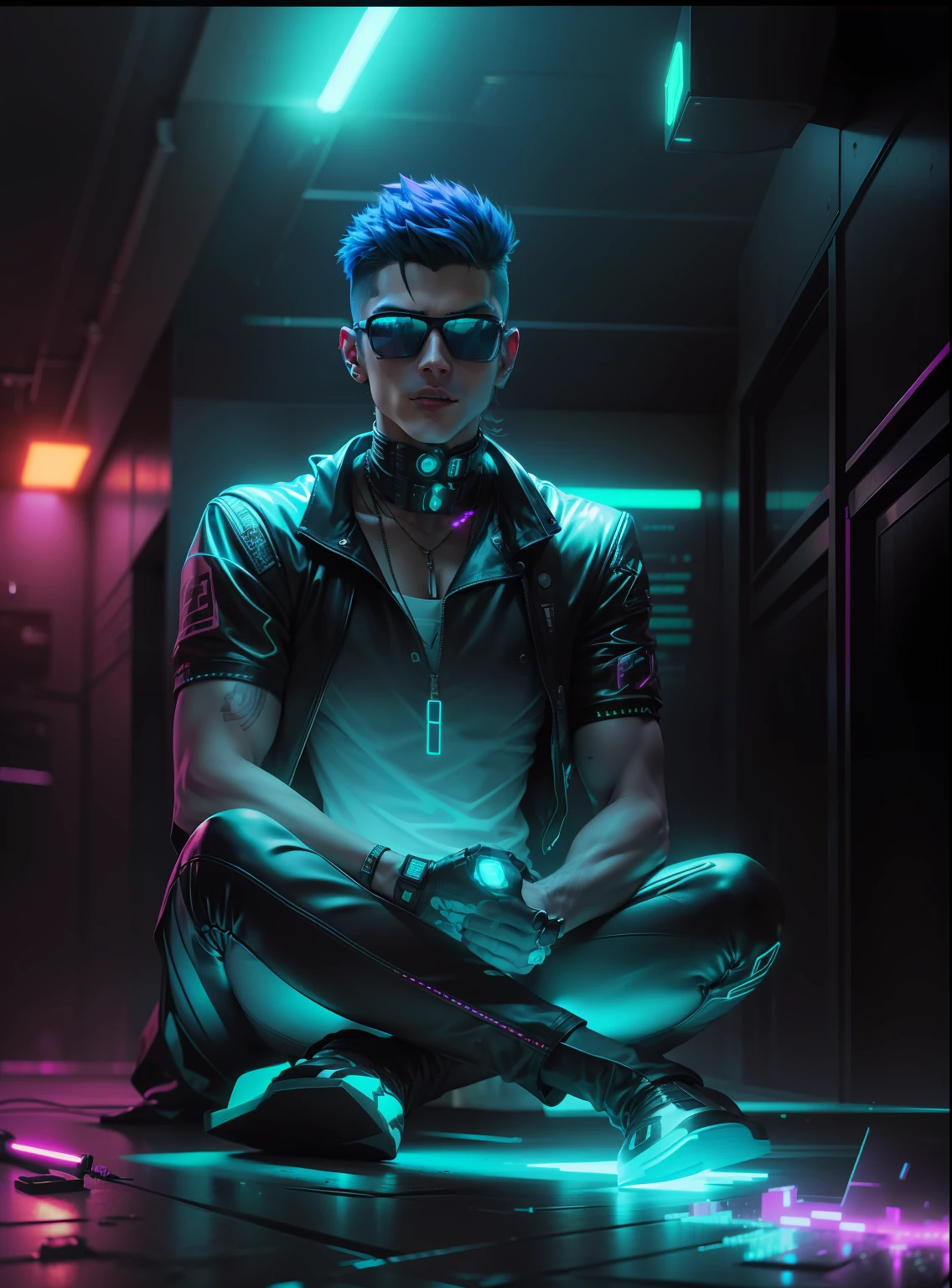 "Transform the background into a cyberpunk cityscape with neon lights, featuring a stylish and charismatic young man wearing ultra-realistic sunglasses. The image should be in 8k ultra HD resolution."