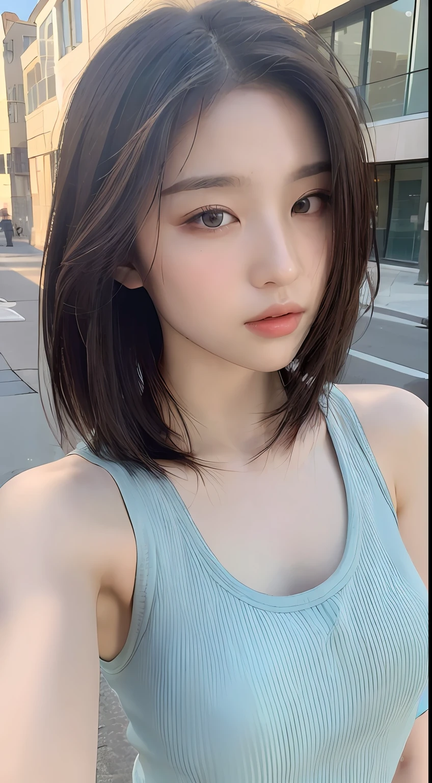 ((Best quality, 8k, Masterpiece :1.3)), Sharp focus: 1.2, Perfect Body Beauty: 1.4, Slim Abs: 1.2, ((Layered hairstyle: 1.2)), (Tank top shirt:1.1), (Street: 1.2), Highly detailed face and skin texture, Fine eyes, Double eyelids