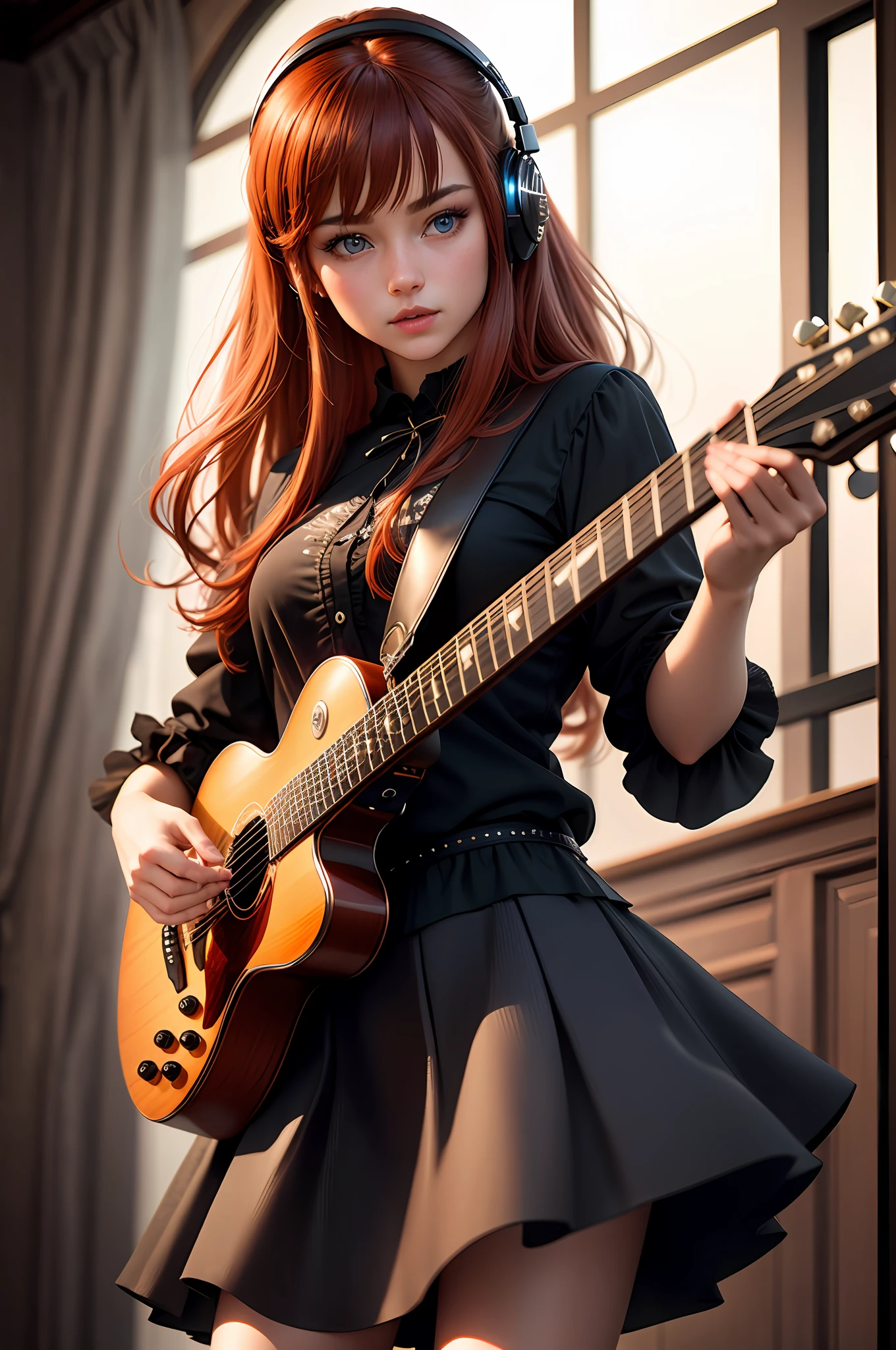 Photo of 1girl, flirting to the camera, ((cinematic light)), hyper detail, (poor quality photo:1.2), blurry, dramatic light, intricate details, best quality, (detailed background:1.4), (beautiful detailed face, beautiful detailed eyes), High contrast, (best illumination, an extremely delicate and beautiful),(girl:1.5), solo, black skirt, blue eyes, electric guitar, guitar, headphones, holding, holding plectrum, instrument, long hair, one side up, redhead, playing guiter, pleated skirt, black shirt, indoors ((caustic)), dynamic angle, full body, cowboy shot,