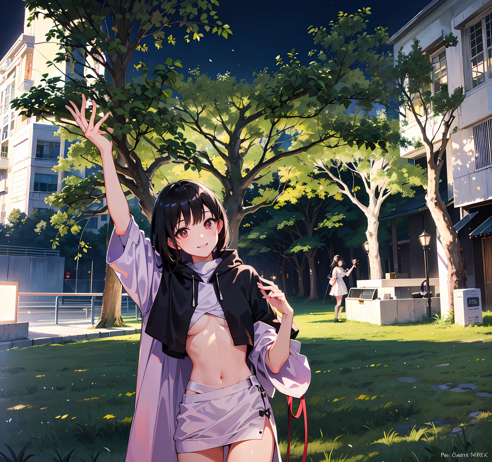 ,at park, park in background, In Park, With sunset,  photo taken at night, waving and smiling, very very low quality picture, 8K 50mm ISO 10, waving at the camera, Park 1 girl in background, 独奏, Pink sweatshirt, tmasterpiece, Best quality at best, realisticlying, ultra - detailed, (shiny skins, perspired:1.4), absurderes, looking at viewert, with short black hair, with brown eye,slenderness,Dynamic light and shadow,A high resolution,Sharp focus,depth of fields,The eyes are delicate,Sharp pupils,pupil realistic,parks,the night,Wave to the camera