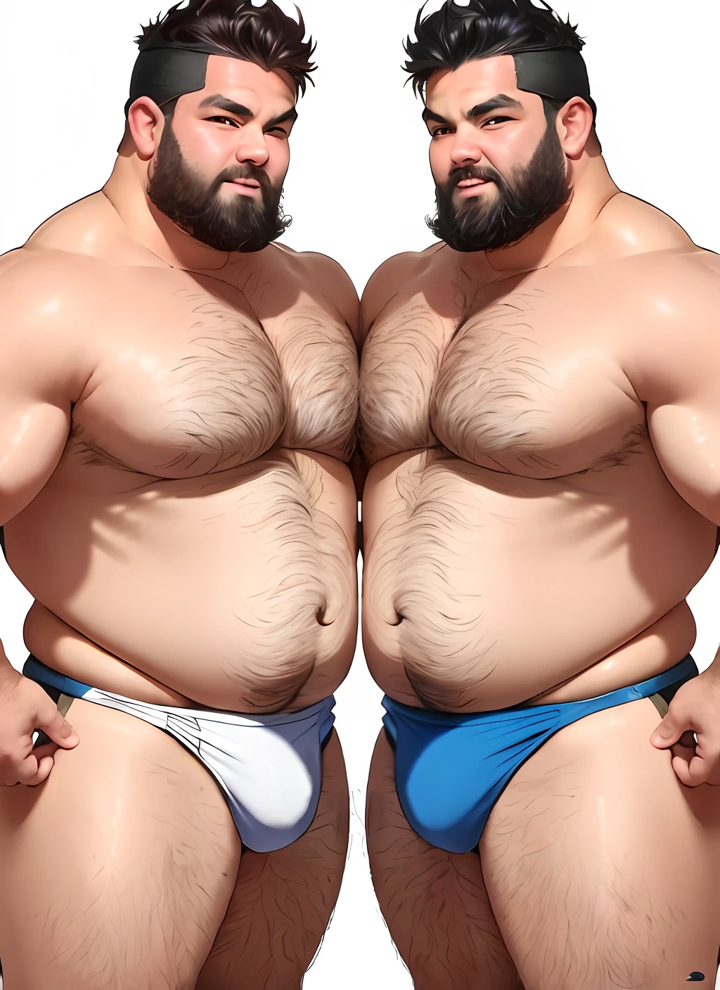 Two identical chubby veterans belly barginf at the beach, identical wrestlers, doppelgangers, older men, white beards, Speedos, shirtless, hairy, huge bellies, blue Speedos against red speedos, ball bellies
