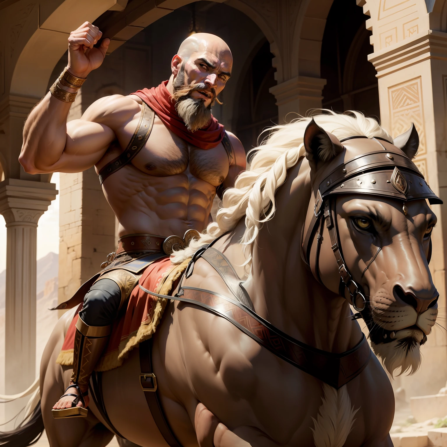Bald beard muscular moroccan warrior riding Legendary roaring lion