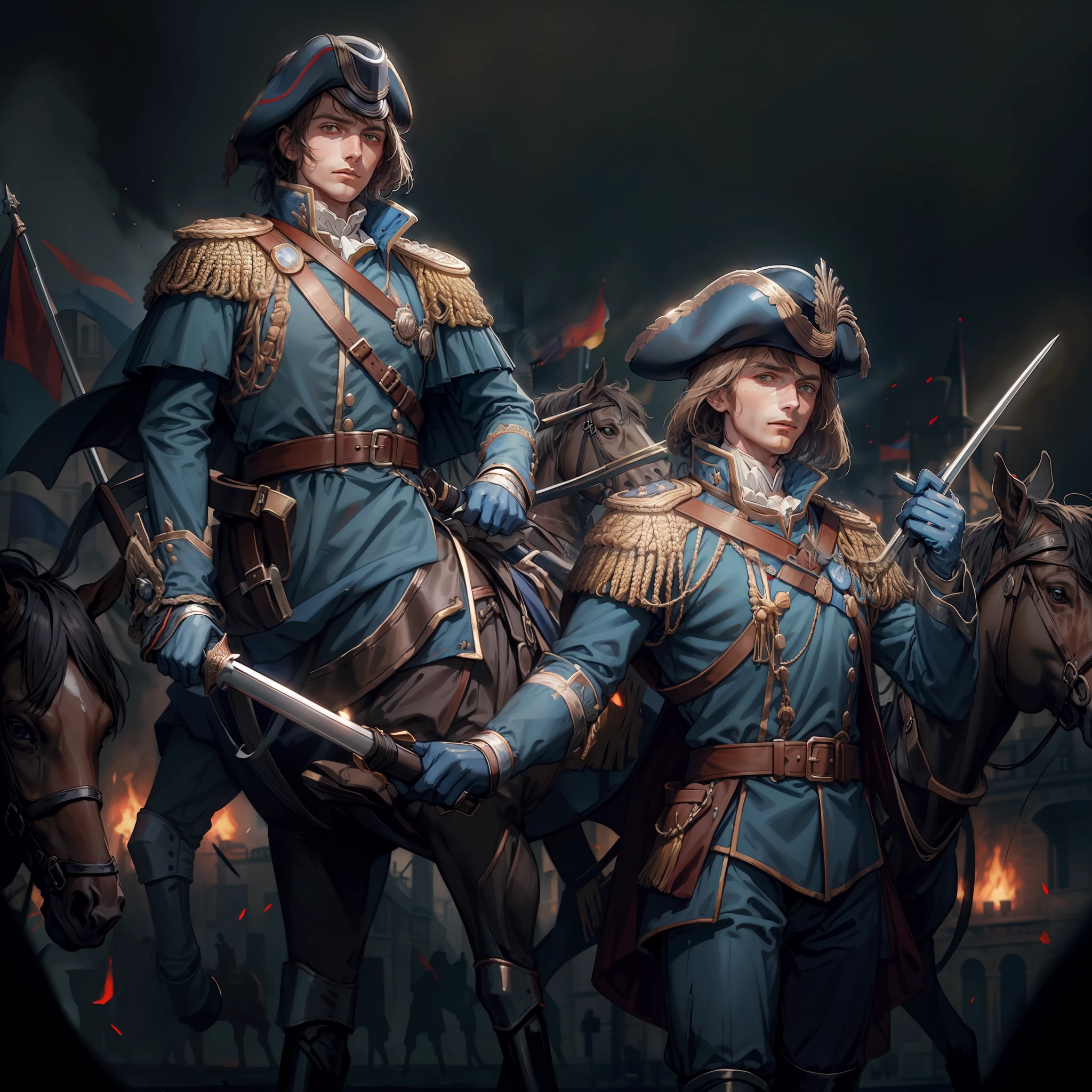 Holland soldiers 1800, Napoleon's style uniform, dark blue uniform, heroic, ride horse, sword, battlefield , at night, full body view, background burning village, fire