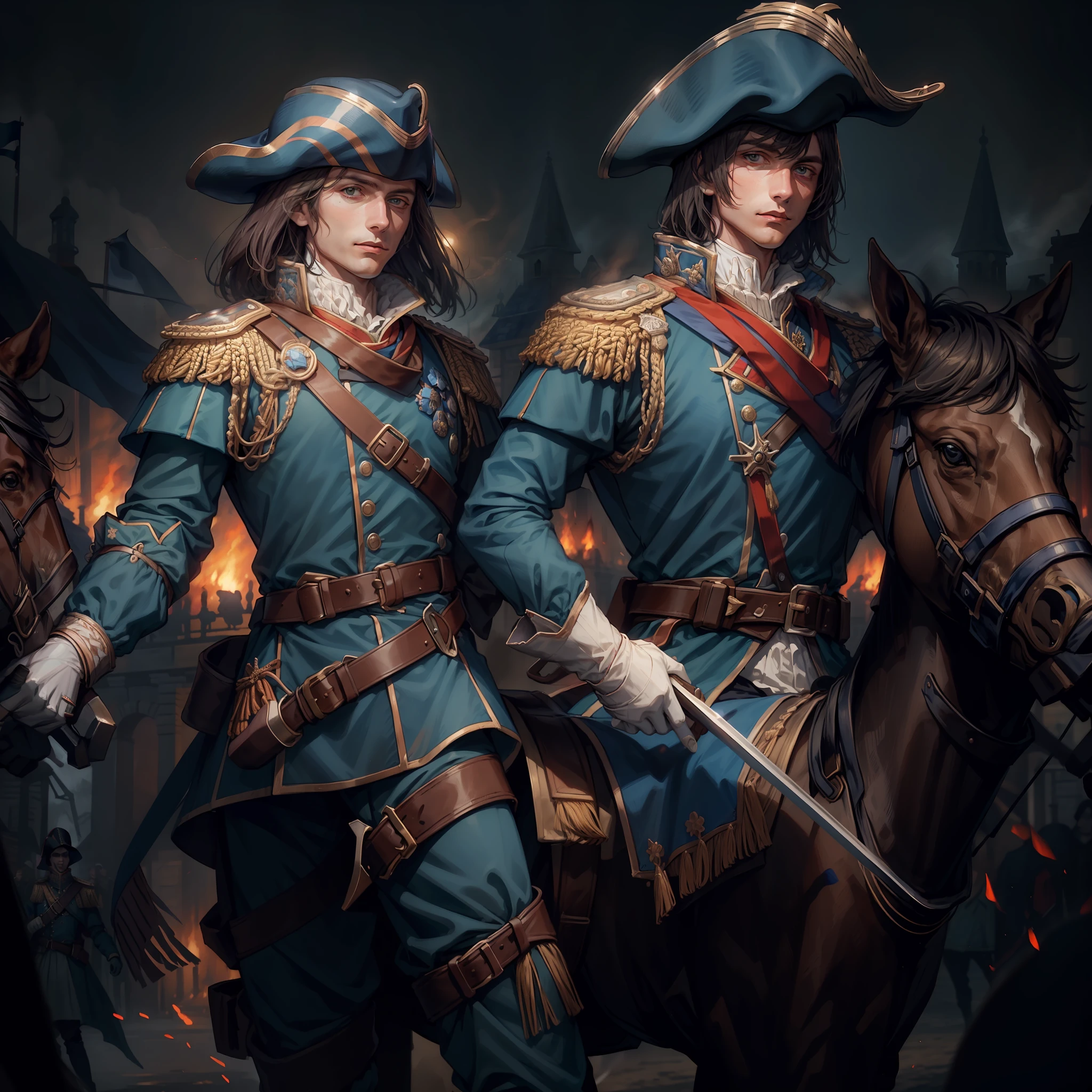 Holland soldiers 1800, Napoleon's style uniform, dark blue uniform, heroic, ride horse, sword, battlefield , at night, full body view, background burning village, fire