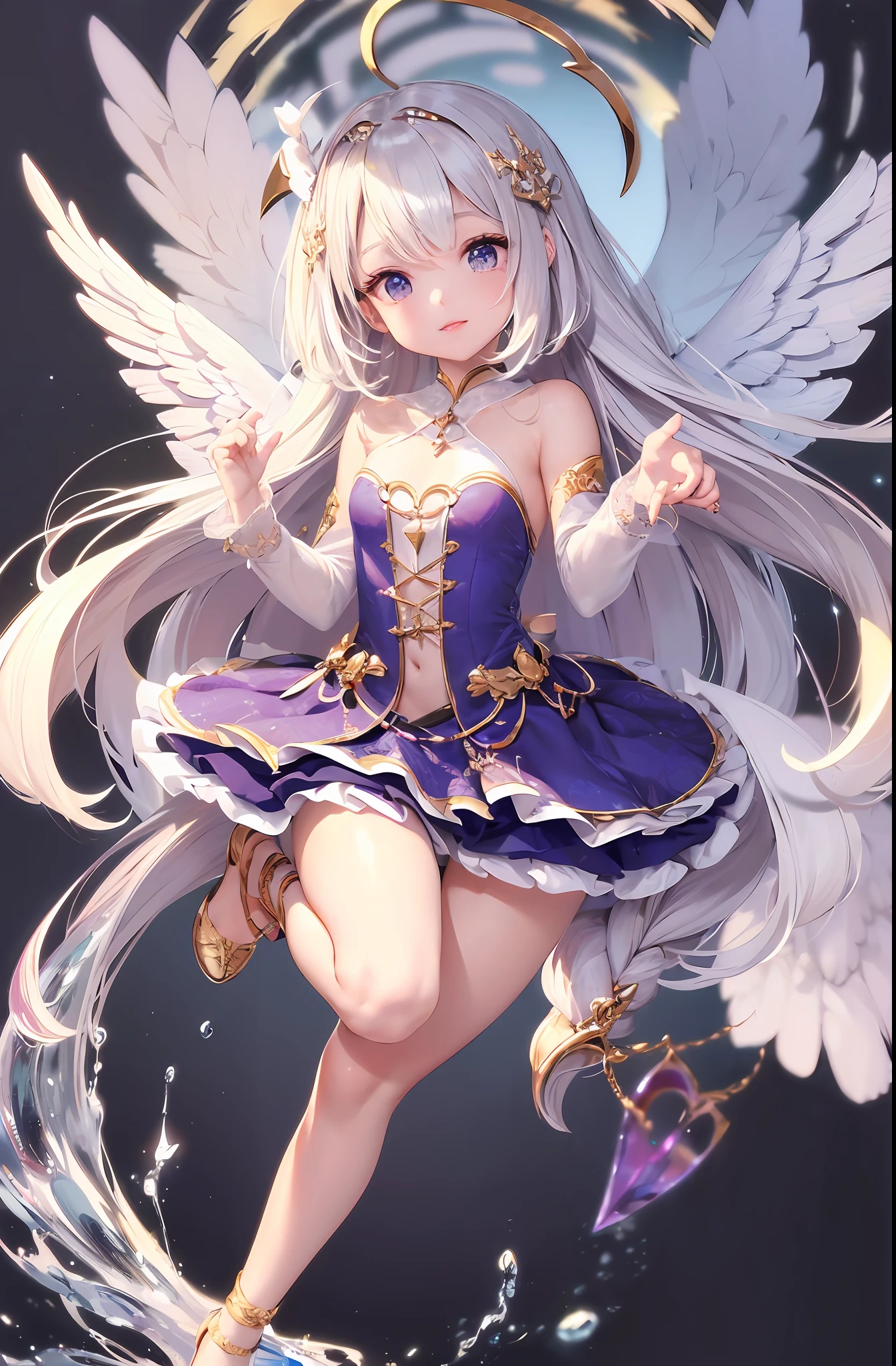 (Chibi: 1.3), (Masterpiece: 1.4), (Best Quality: 1.4), (Very cute angel girl, super detailed face, jewel-like eyes, white very long hair, colorful gradient hair: 1.4), (Angel Ring:
1.4), (Angel Wings: 1.4), (Full body, perfect 2 arms, perfect 2 legs: 1.4), (Perfect 4 fingers: 1 thumb), light, shine, bokeh, super fine